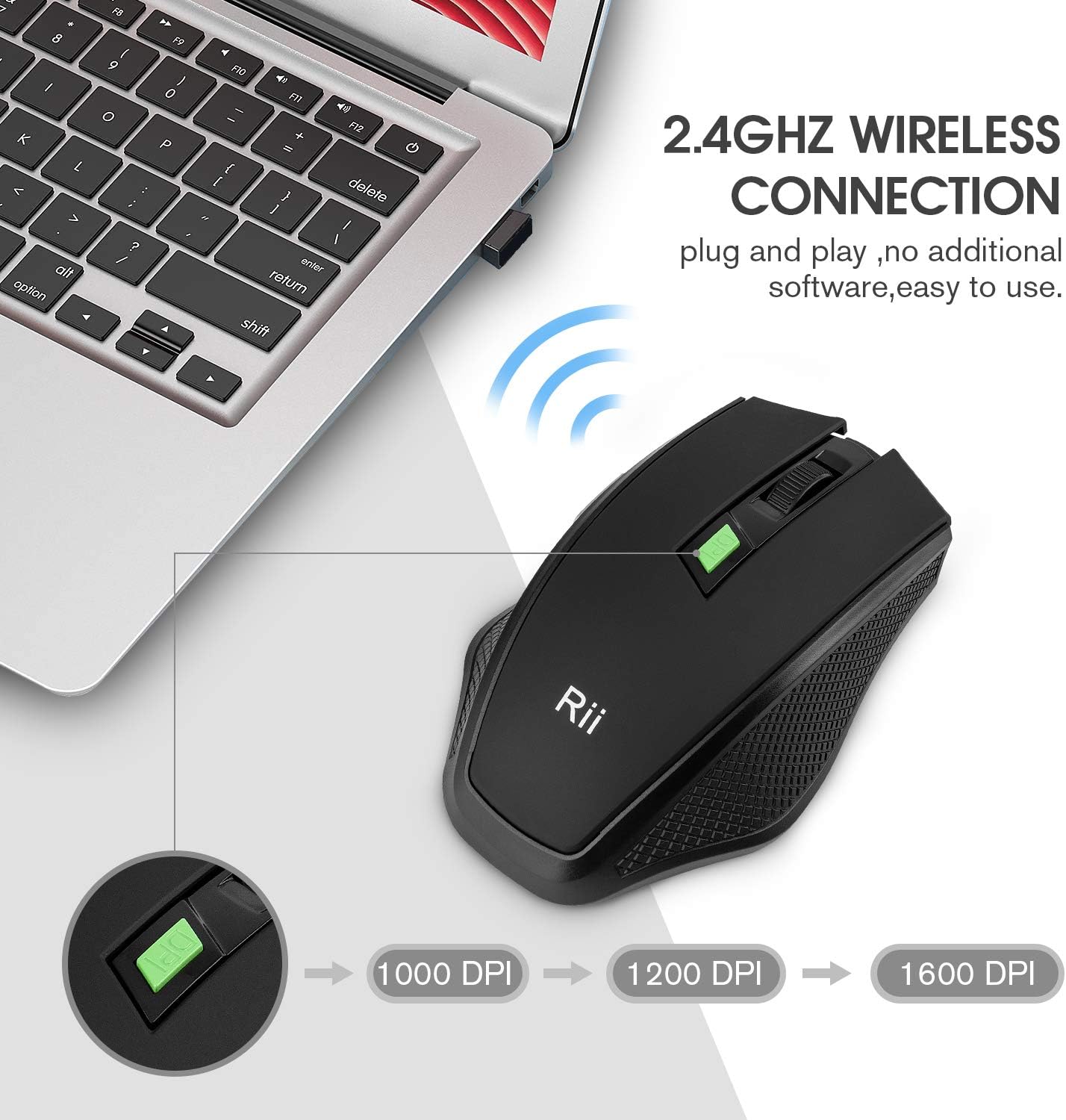 Rii RM103 2.4G Wireless Optical Mouse with 1000 1200 1600 DPI, 6 Buttons，USB Plug & Play，Innovative Design for Notebook, PC, Laptop, Computer, MacBook