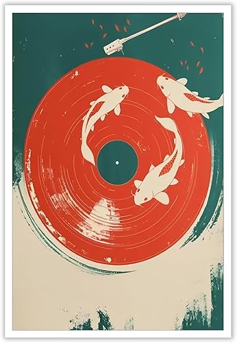Bizabud Póster de vinilo retro Koi, lienzo de música japonesa, arte de pared, moderno, asiático, minimalista, pez, natación, impresiones artísticas,