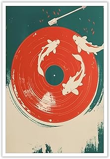 Bizabud Retro Koi Vinyl Record Poster Japanese Music Canvas Wall Art Modern Asian Minimal Fish Swimming Artwork Prints Painting For Living Room Bedroom Office Wall Decor 12x16in Unframed