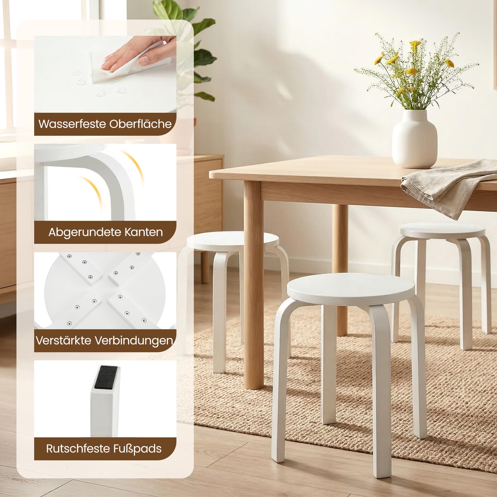 4er Set Holz Esszimmerhocker, Stapelbare Sitzhocker aus Massivholz mit Rutschfesten Pads, Robuste Küchenstühle für Esszimmer, Bar, Klassenzimmer und Home-Bereich (Weiß)