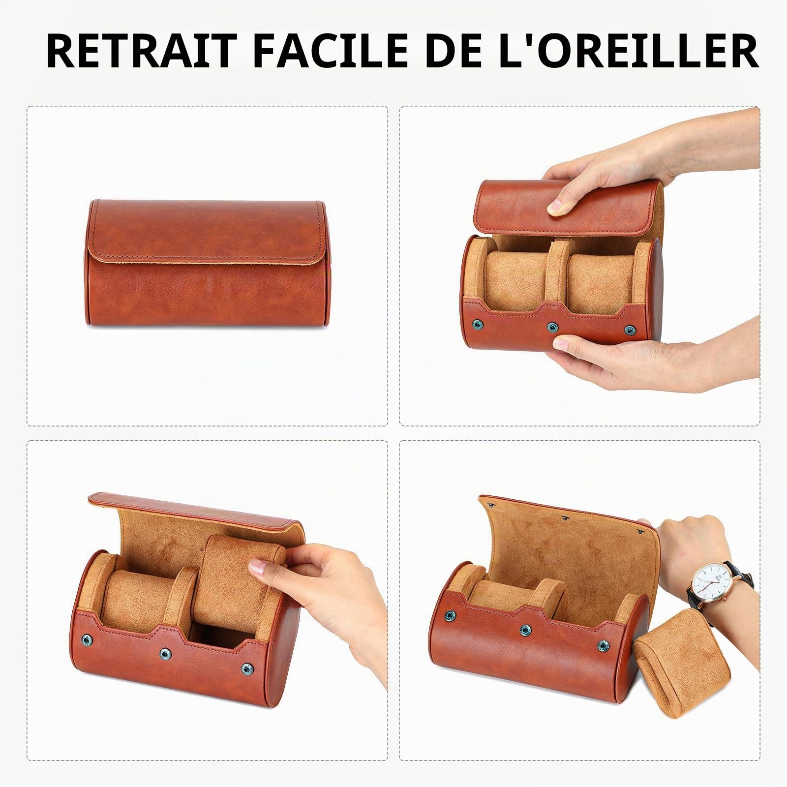 VINBAGGE Boîte à Montres pour Homme 2 Emplacements - Étui de Voyage Rouleau Montre - Organisateur Rangement Cylindrique en Cuir PU - Coffret à Bijoux Vintage Idée Cadeau Noël Anniversaire