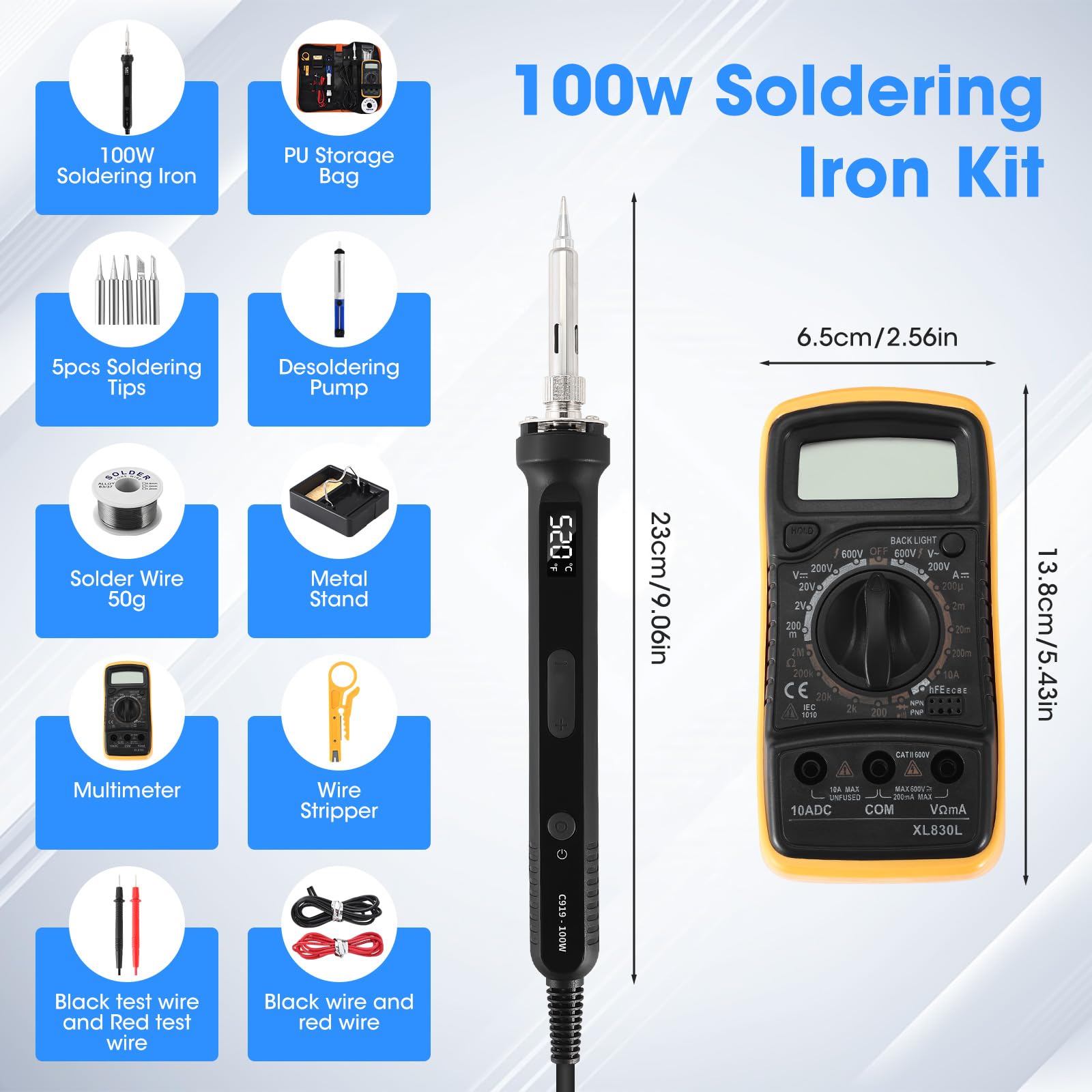 Soldeerboutset, 100 W, led-soldeerbout met instelbare temperatuur van