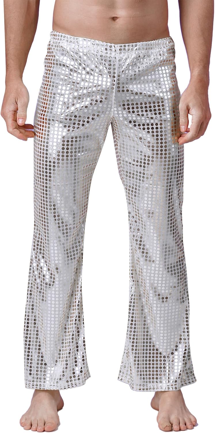 Moily Men's Sequins Elastic Bell Bottom Shiny Retro 70s Disco Flared Pants Hip Hop Jazz Wide Leg Long Pants