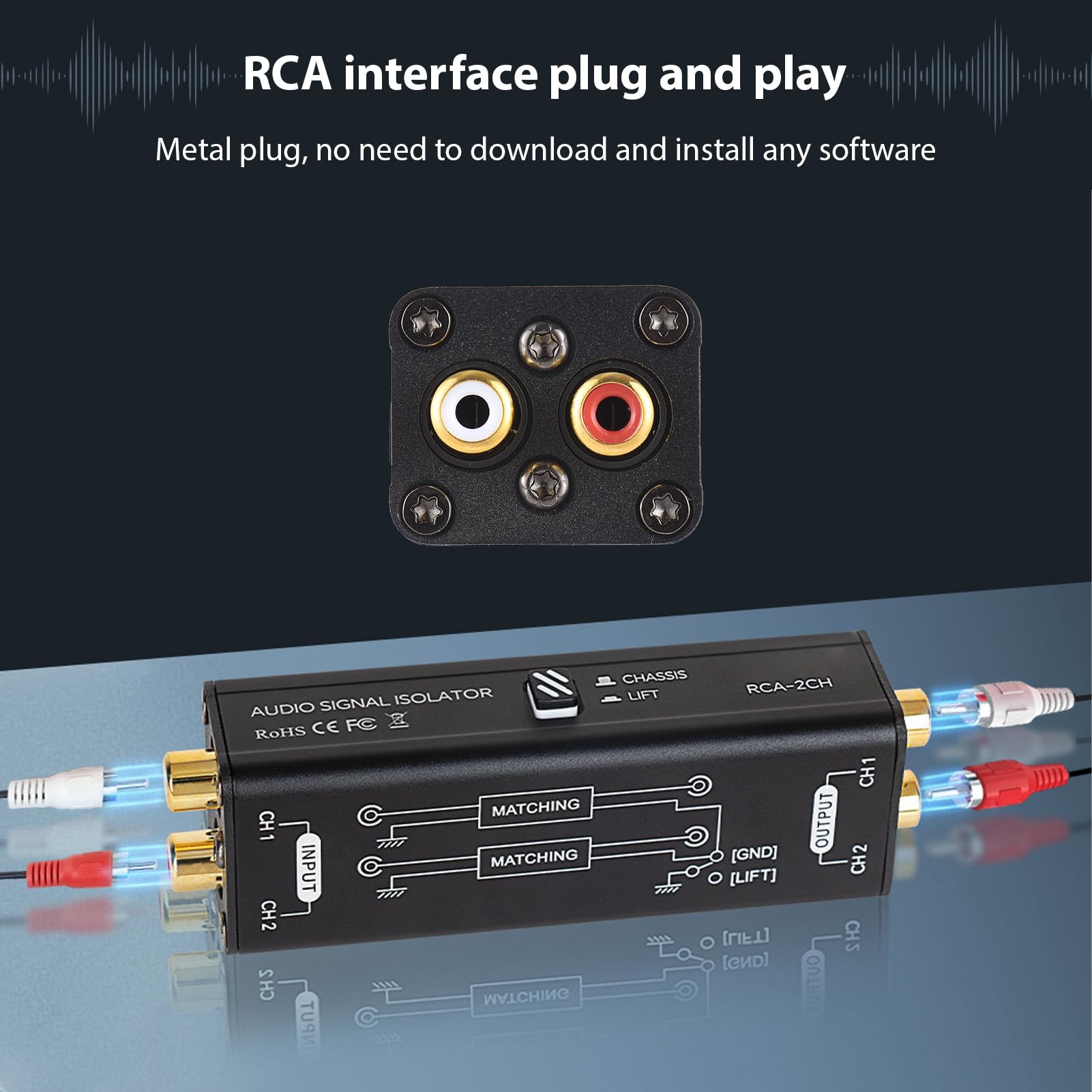 Btuty Isolateur de boucle de terre RCA à 2 canaux - Isolateur de signal audio - Filtre de bruit pour système stéréo domestique, haut-parleur, microphones de conférence, lecteurs audio