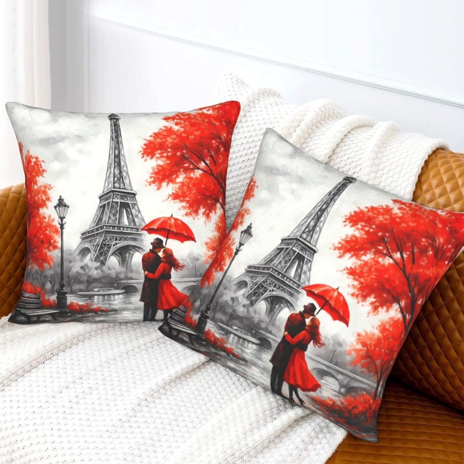 Famame Decorative Pillow Covers Set of 2 Red Eiffel Tower Lovers Romantic Paris Throw Pillows Cover 18x18 inch Square Pillowcase Couch Cushion Cases for Sofa Living Room Bedroom Home Decor image 3