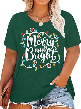 Christmas Plus Size Shirt Women Merry and Bright Tops Holiday Shirt Women Oversized Xmas Tee Fall Tops