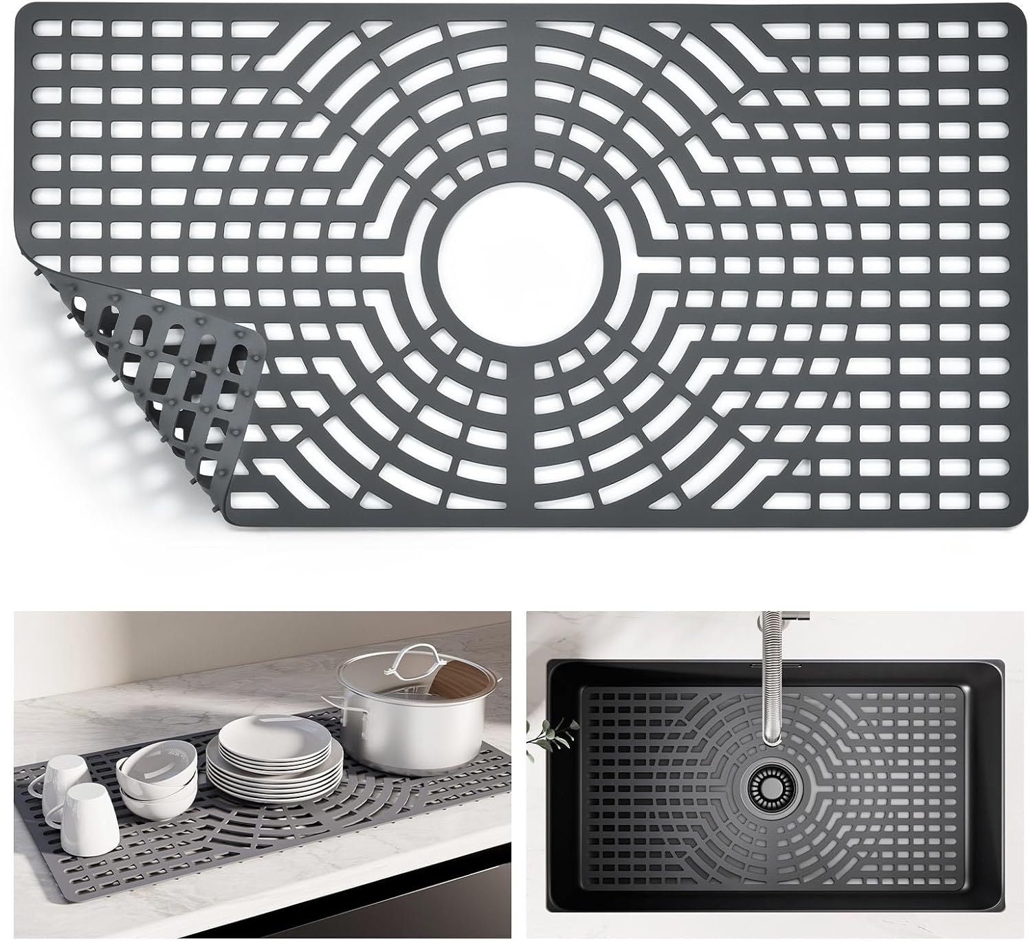 Snuggery Silicone Sink Protector for Kitchen Sink, 12"x14" Rear Drain | Scratch protection, cushions fragile dishes and glassware, dishwasher safe, food-grade silicone, 446°F heat resistant