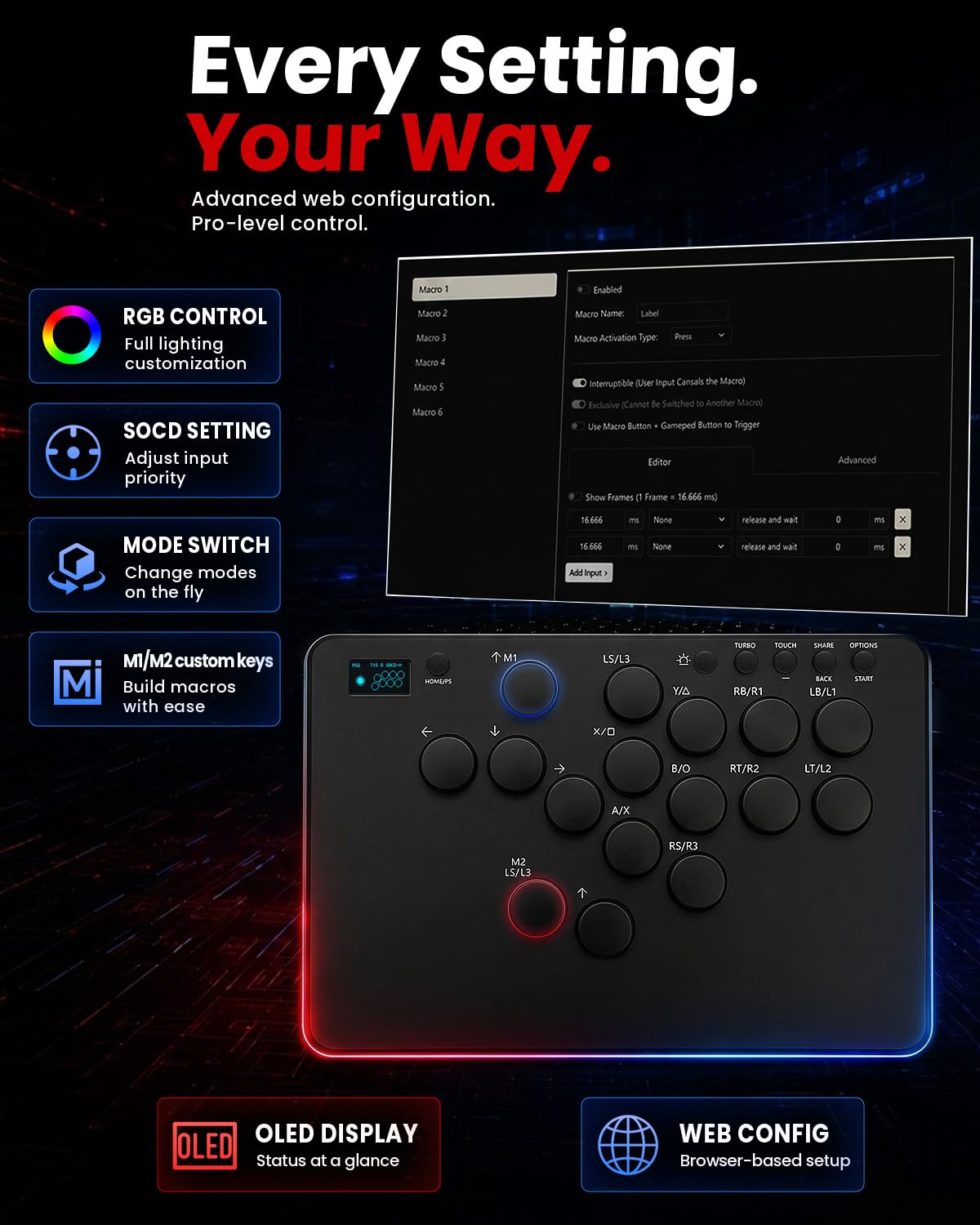 Leverless Controller for PS5, PS3, Switch, PC & Steam Deck | Wired 16-Button Fight Stick with PS5 Boot Dongle, Leverless Arcade Stick, OLED, Web Config, Hot-Swap Keys, SOCD, Turbo & RGB