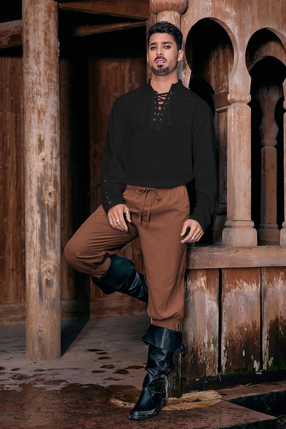 Mens Medieval Pirate Shirt Renaissance Costume Viking Long Sleeve Tops | Steampunk, Retro Renaissance Viking, Lace Up, Mercenary, Halloween, Scottish