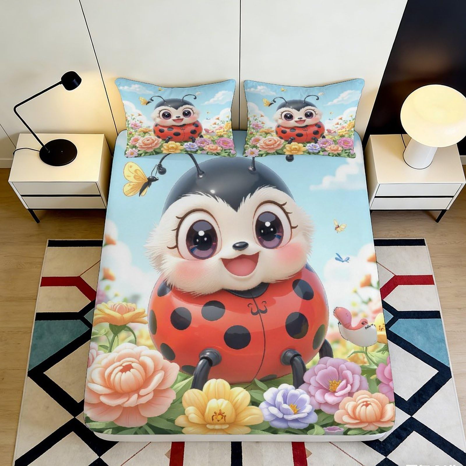 3D Printed Cute Ladybug Fitted Sheet Microfiber Floral Cartoon Bed Cover, Soft Decorative Mattress Protector for Bedroom Dorm 90x200x25cm