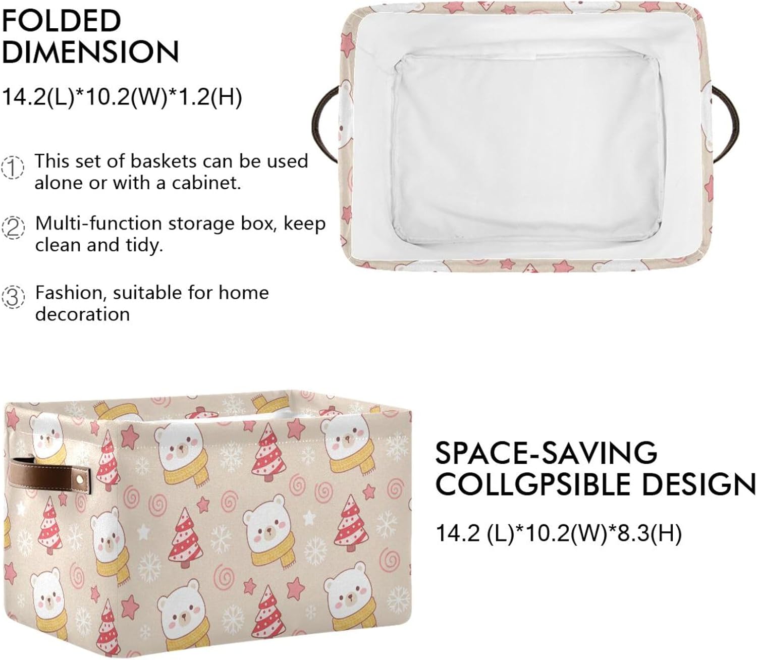 Bear Storage Bins for Shelves, Foldable Canvas Gift Basket with 300D Water-Resistant Lining & Top Wire Frame, PU Leather Handles, 14.2x10.2x8.3", 1 Pack image 3