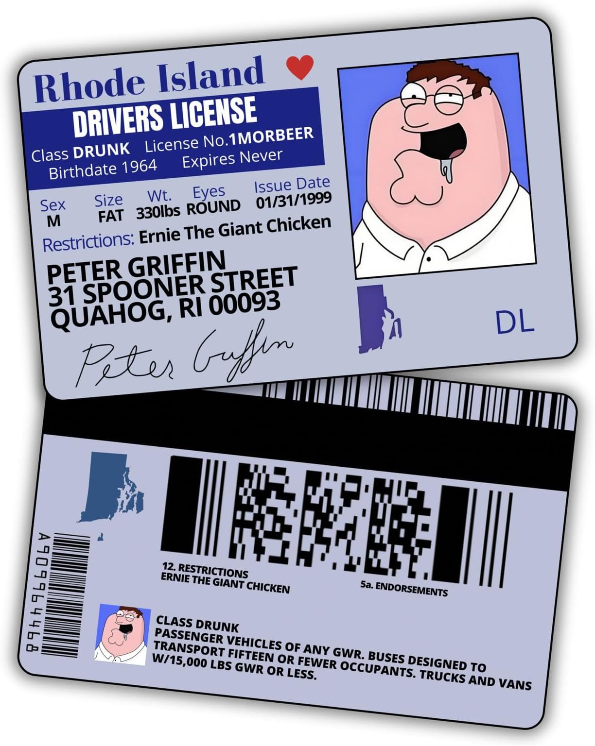 Peter Griffin Driver License ID/Funny Plastic License/Family Guy Fans Complement for Costumes/Double Sided | Collectible Trading Card Driverโs License | Novelty Gift for Holidays