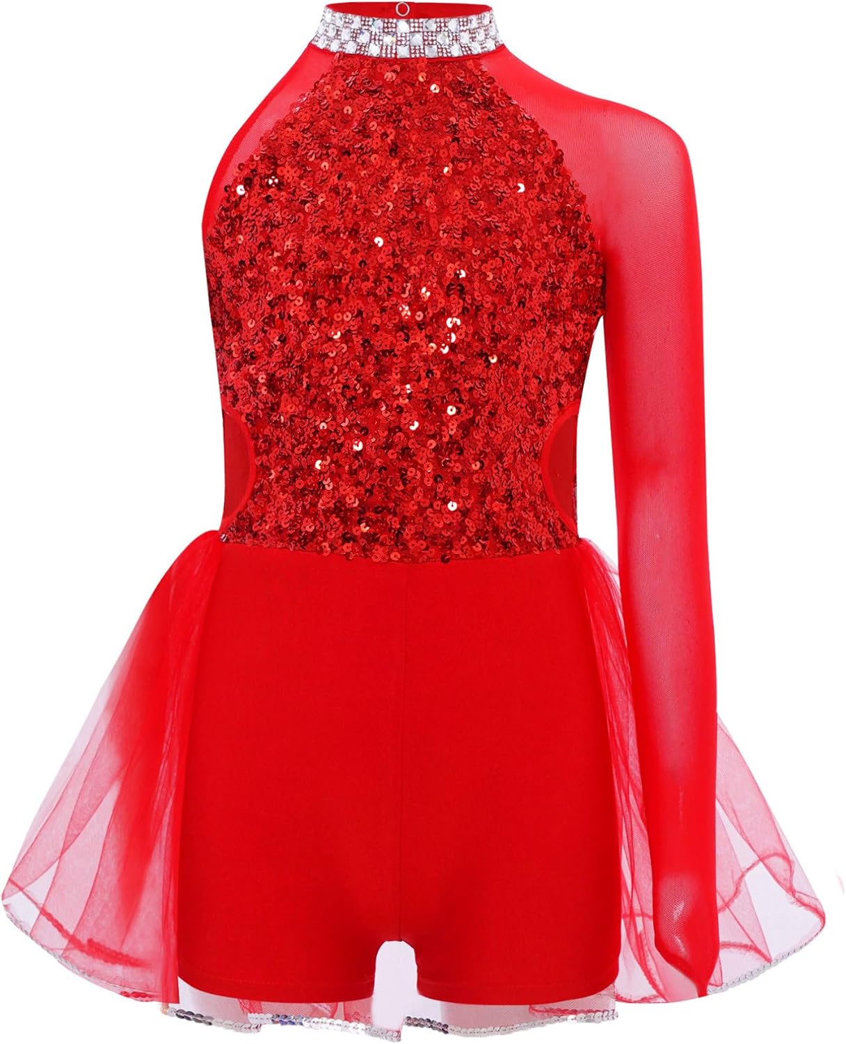 Agoky Kids Girls Sequin Unitard Tulle Ballet Gymnastics Leotard Long Sleeve Bodysuit Jumpsuit Jazz Dance Outfit