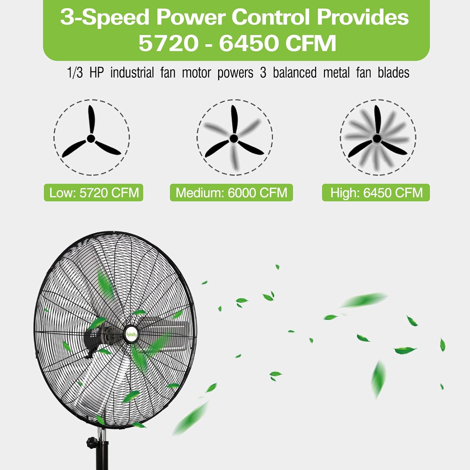hykolity 24" High Velocity Pedestal Oscillating Fan, 6450 CFM 3-Speed Heavy Duty Industrial Metal Standing Fan with Aluminum Blades and Adjustable Height for Warehouse and Garage
