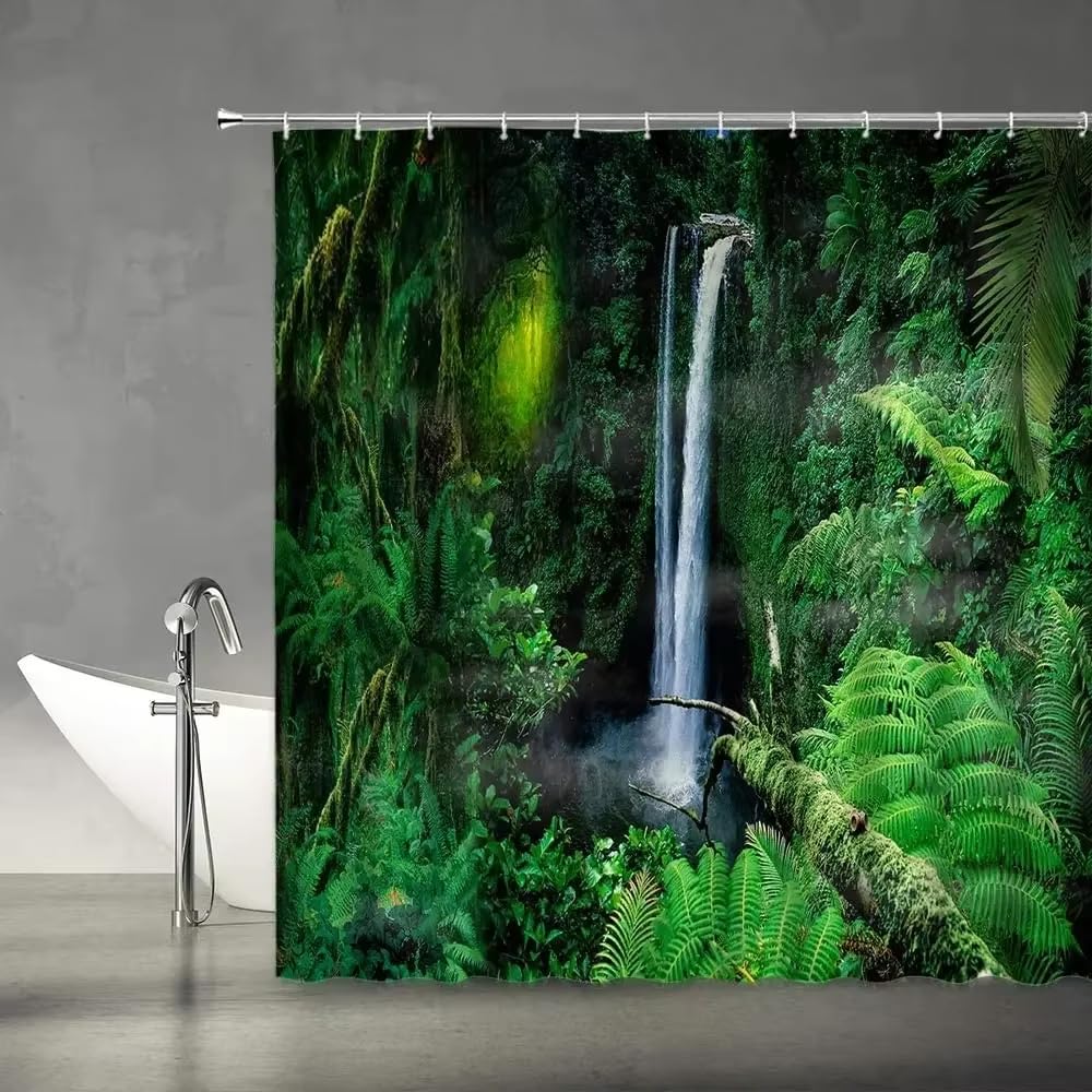 Rideau de douche feuilles vertes aux finitions soignées et motif plantes exotiques