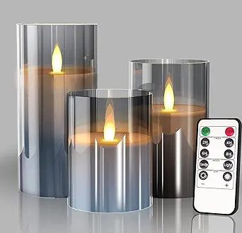 Glass Battery Operated LED Flameless Candles with Remote and Timer, Real Wax Candles Warm Color Flickering Light for Festival Wedding Home Party Decor(Pack of 3)-Grey