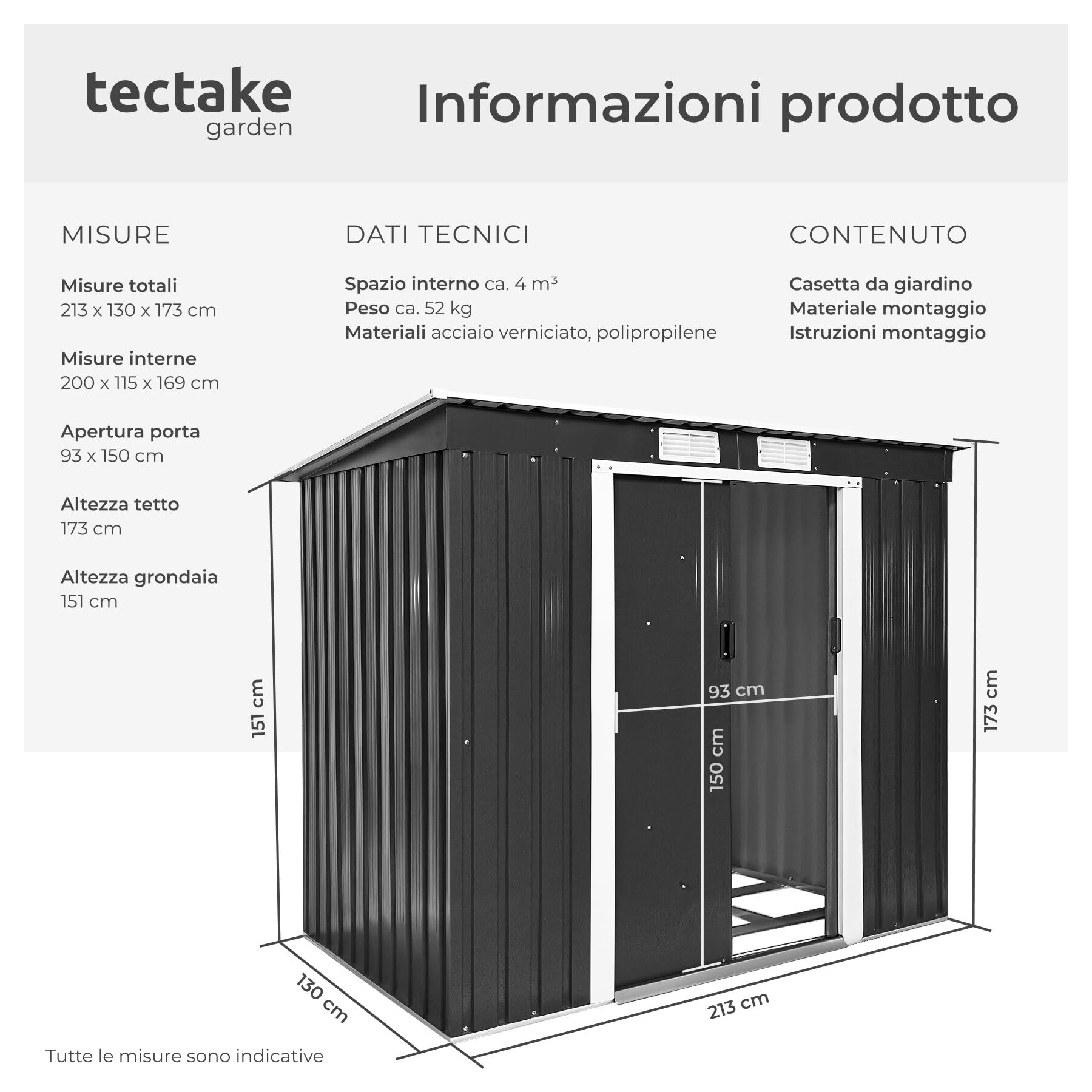 tectake® Casetta da Giardino in Lamiera, Box con Tetto Inclinato, Box da Giardino per Esterno con Porta Scorrevole, Lamiera in Acciaio, Fondamenta in Metallo - Grigio/Bianco