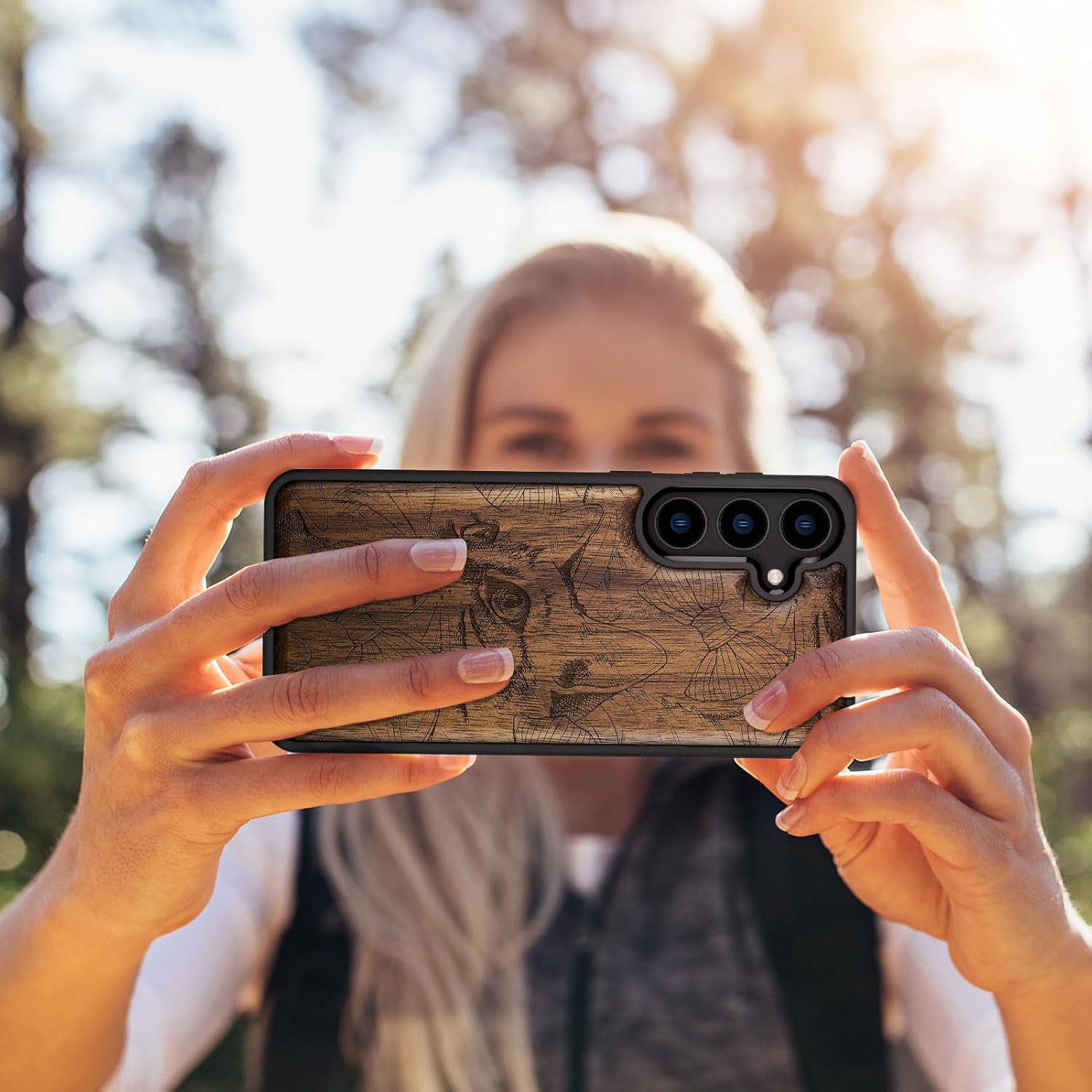 Carveit Wood Case for Galaxy S24 Case [Natural Wood & Black Soft TPU] Shockproof Protective Cover Unique Wooden Design Compatible with Samsung S24 (Feline Grace & Elegance-Walnut)
