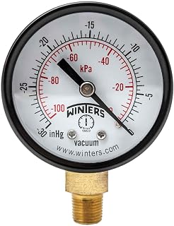 Winters PEM Series Steel Dual Scale Economical All Purpose Pressure Gauge with Brass Internals, 30"Hg Vacuum/kpa, 2" Dial Display, -3-2-3% Accuracy, 1/8" NPT Bottom Mount