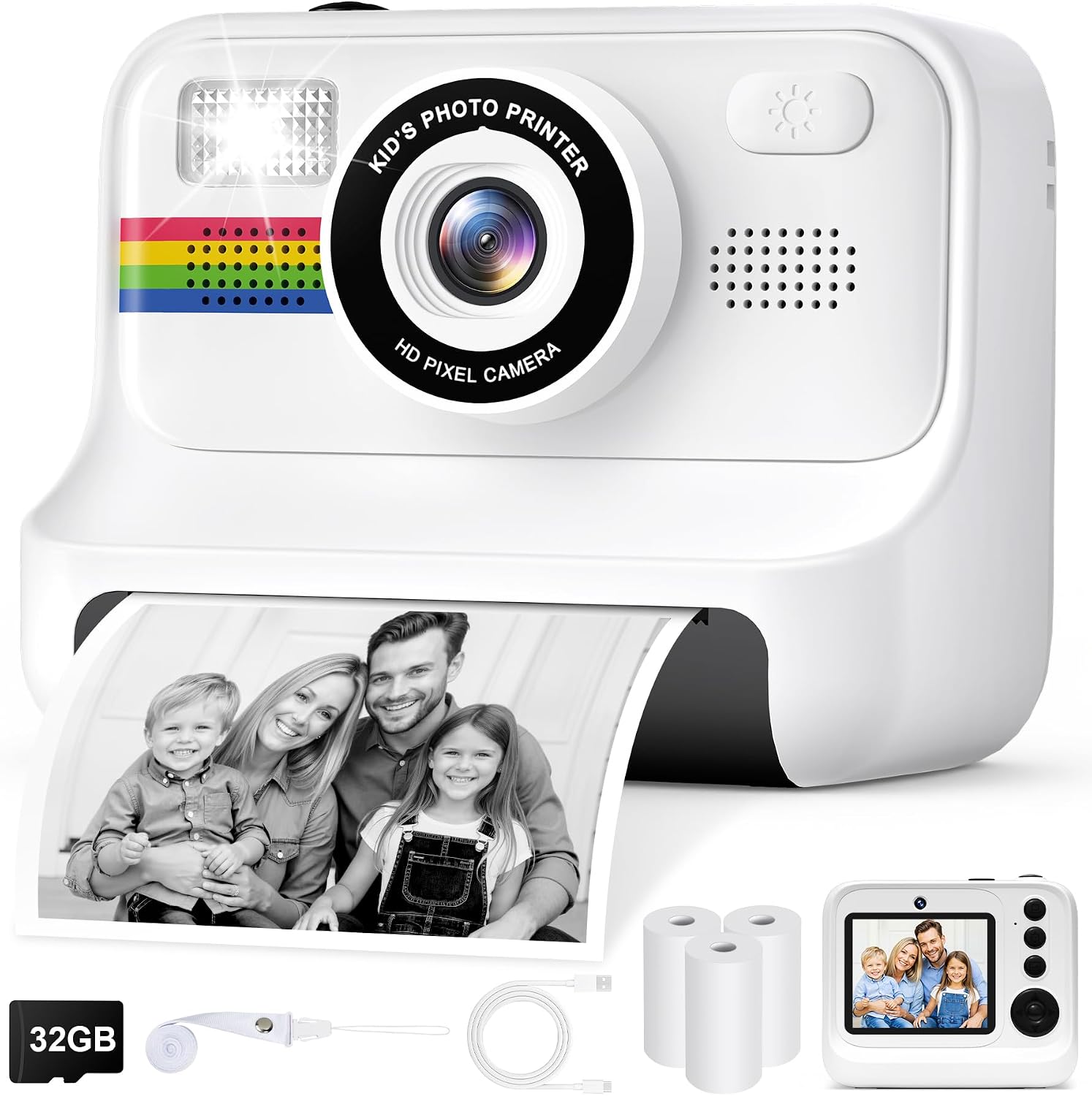 Fotocamera per bambini, fotocamera selfie HD da 2,4 pollici per bambini con scheda da 32 GB e 3 rotoli di carta da stampa, giochi regalo Natale bambini bambini 3-12 anni (bianco)