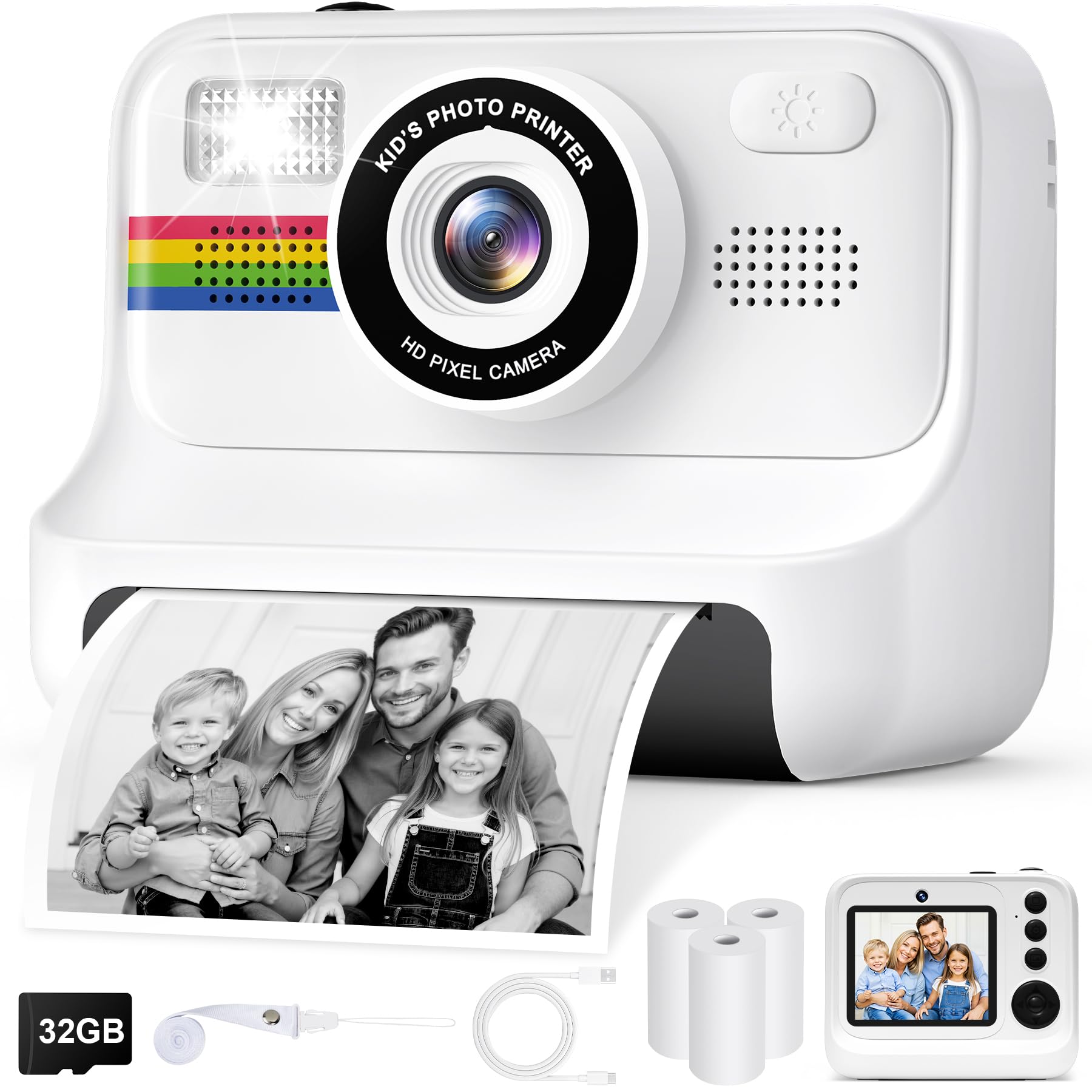 Gontence Macchina Fotografica Bambini, 2.4" HD Selfie Fotocamera Bambini con Scheda da 32 GB e 3 Rotoli di Carta da Stampa, Giochi Regalo Natale bambini bambino 3-12 Anni(Bianco)