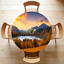 Odot Nappe Ronde 60-160cm Anti-Tache, Paysage Naturel Nappe Table Ronde avec Bord Élastique Lavable Imperméable Couverture de Table de Jardin Exterieur pour Cuisine Fête Salon (Soleil doré,130cm)