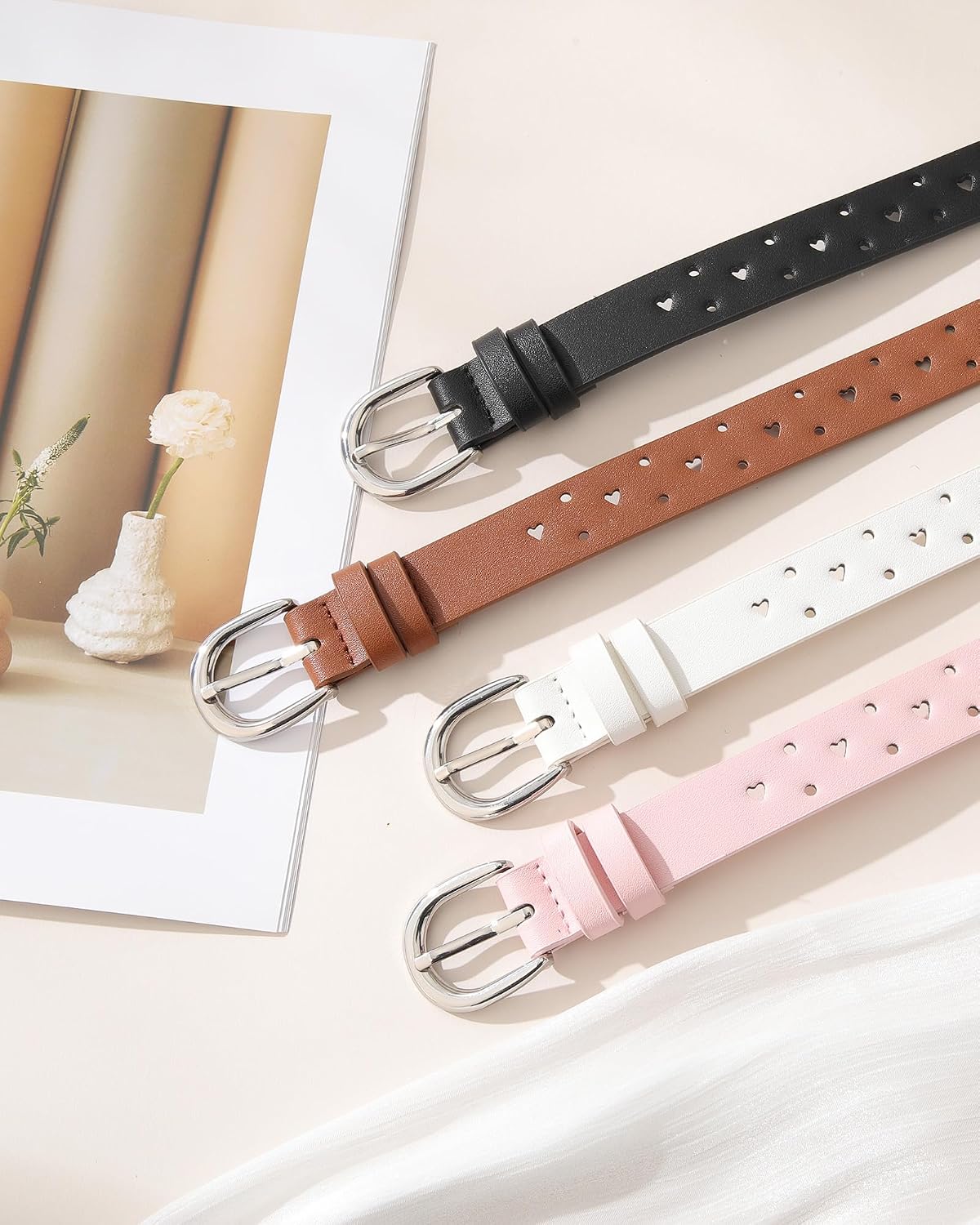 Kajeer Girls Belt for Kids, 3 Pcs Durable PU Leather Belt Metal Buckle Full Heart Hole Youth Toddler Belt for Uniform Casual