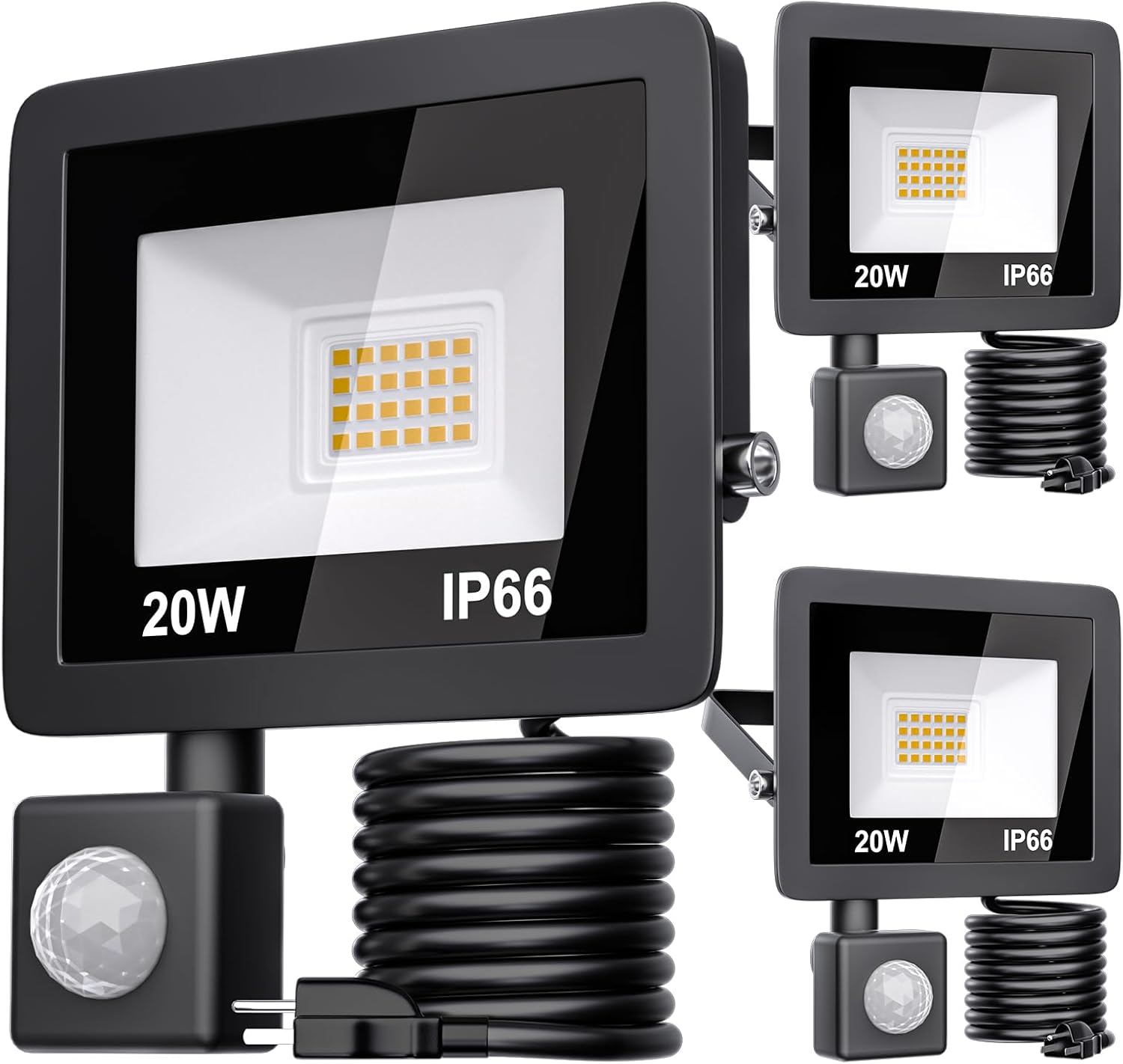 MIWAT 3-Pack 20W Motion Sensor Warm White LED Flood Light - IP66 Waterproof Black Work Light with Plug for Patios, Workshops, Walkways