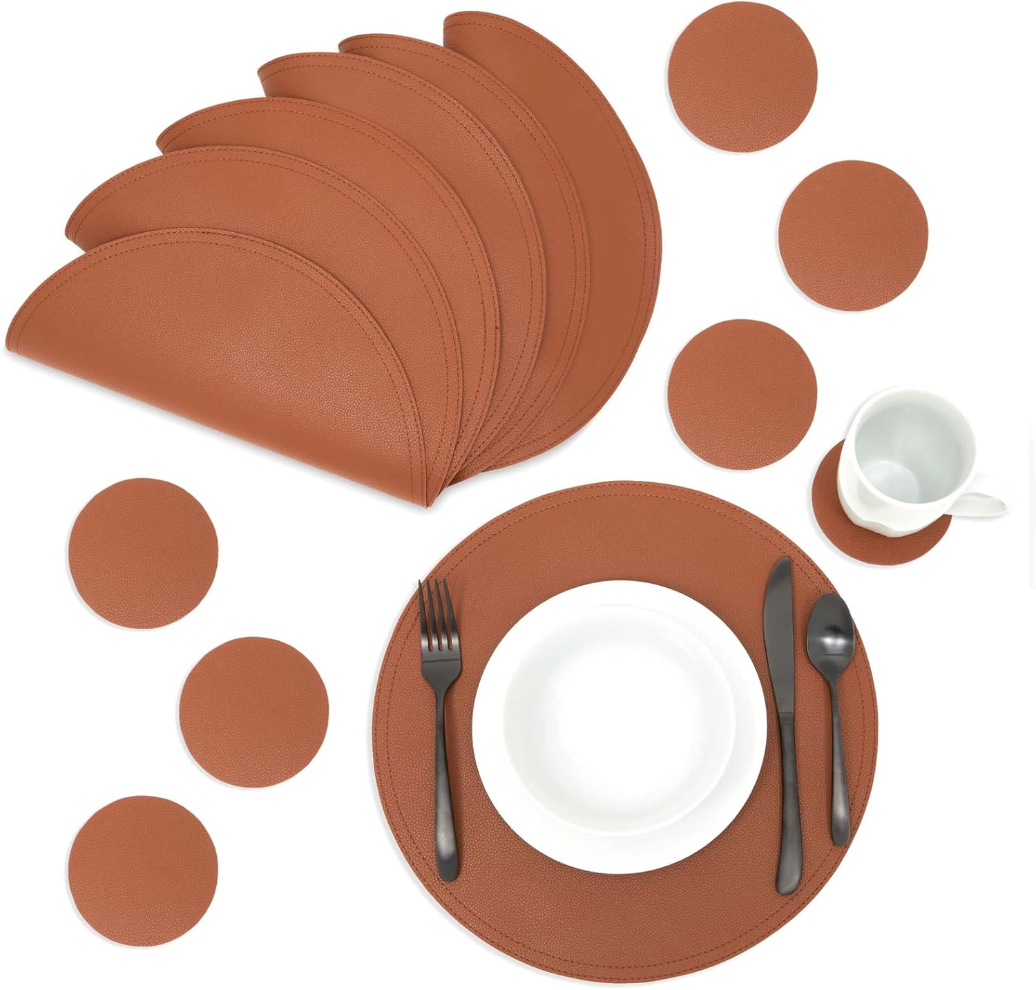 Set of 6 Faux Leather Circle Placemats and 6 Round Coasters for Dining Room Table (Black) : Home & Kitchen