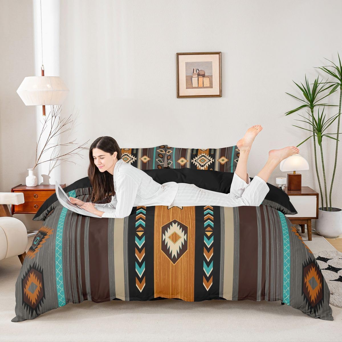 Western Diamond Square lines Duvet Cover Set Toddler Size,Figure Geometric Bedding Set 2pcs,Boho Southwestern Quilt Cover with Zipper Closure,Black Brown Kids Room Decor, 1 Pillowcase,No Comforter