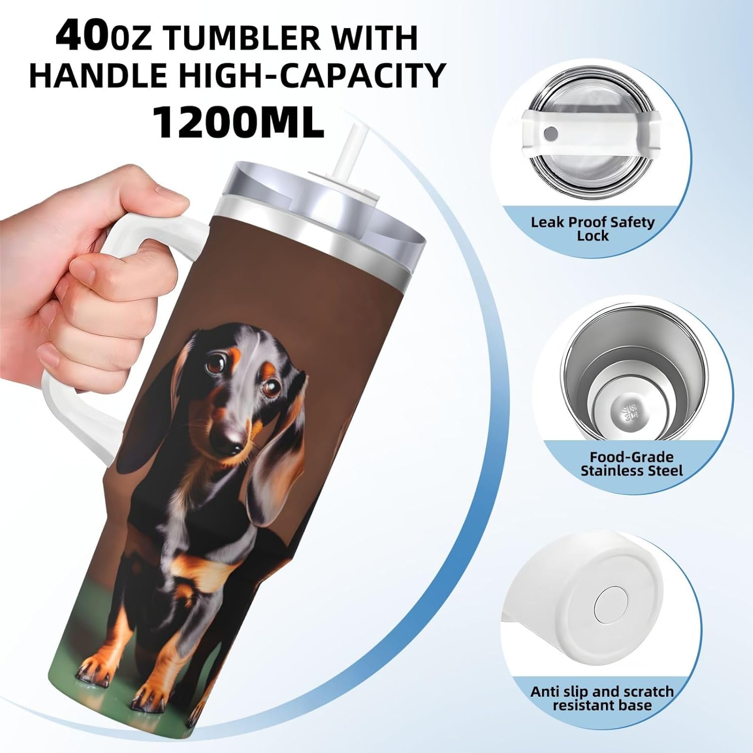 40 OZ Dachshund Weiner dog Print Ice Bully Cup with Handle Straw Lid Straw,Stainless Steel Tumbler Coffee Cup