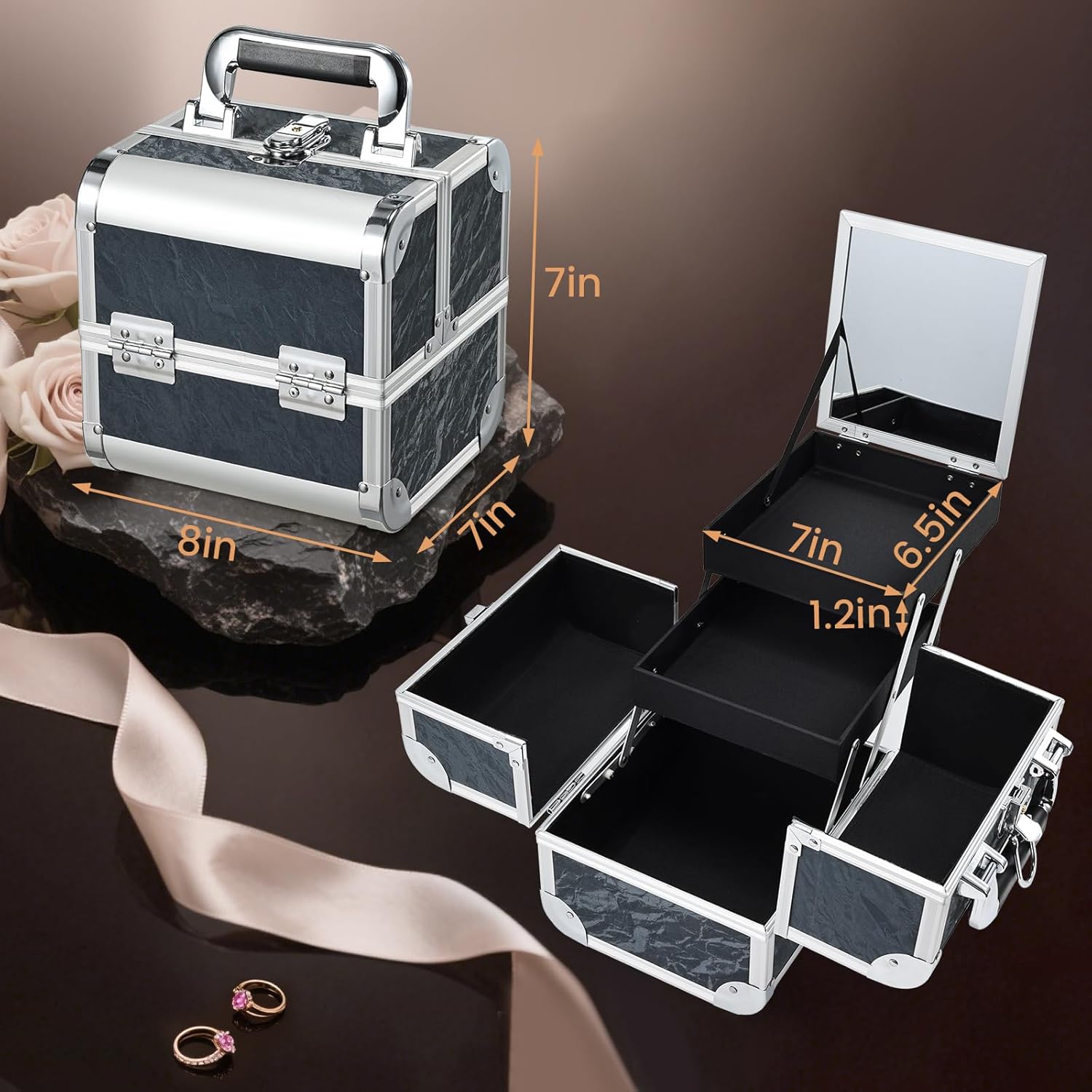 Costravio Makeup Case Train Case Portable Makeup Box with Mirror Lock Box Travel Cosmetic Train Cases Hard Make Up Organizer for Girls Nail Craft Storage Vanity Misty Hills Black - Image 7