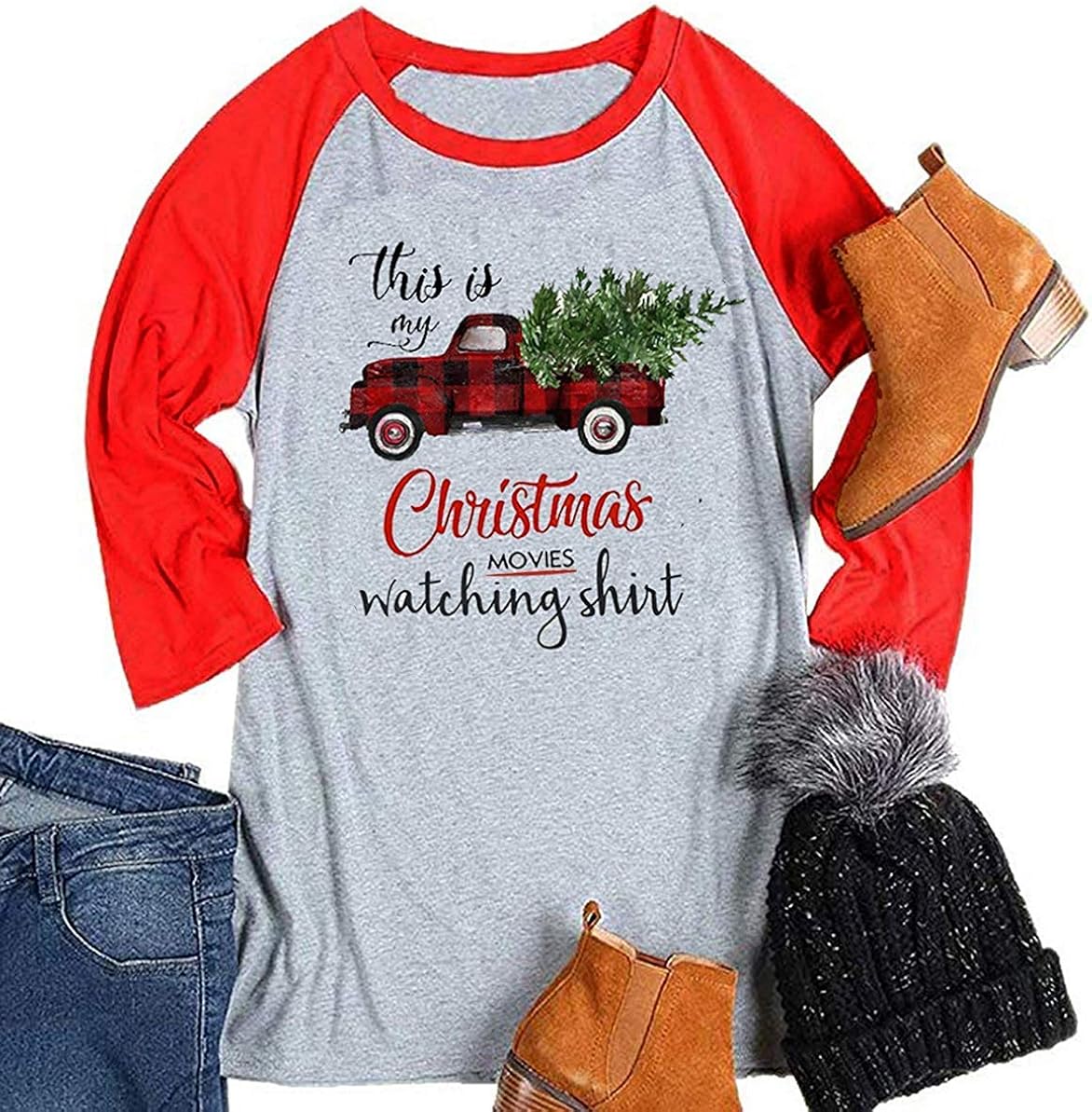 This is My Christmas Movies Watching Shirt Women Raglan Baseball Tee Funny Graphic 3/4 Sleeve Casual Tops