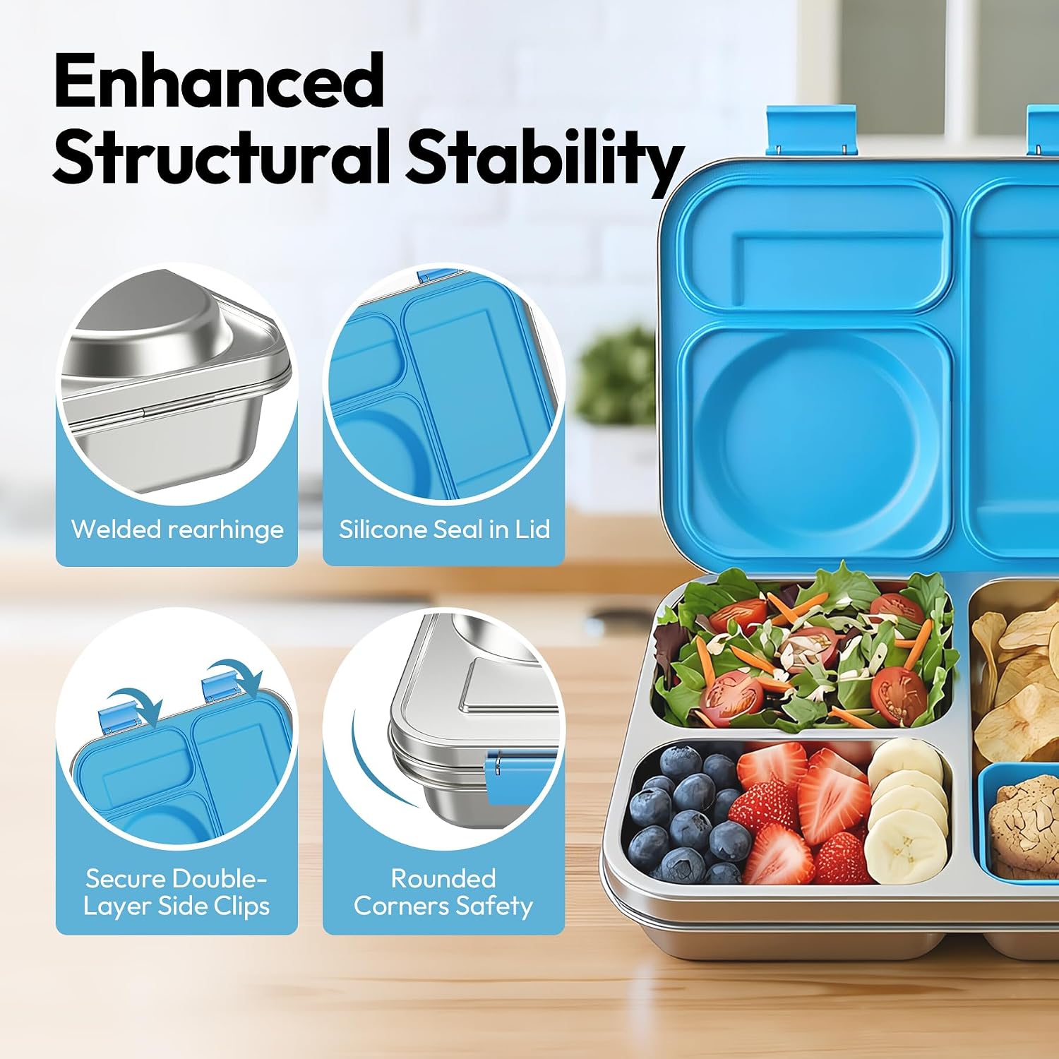 Stainless Steel Bento Lunch Box with 8oz Insulated Food Jar, 3 Compartment Metal Bento Lunch Container for Kids & Adults with Silicone Container and Food Thermo for Work & School, BPA-Free(Blue)
