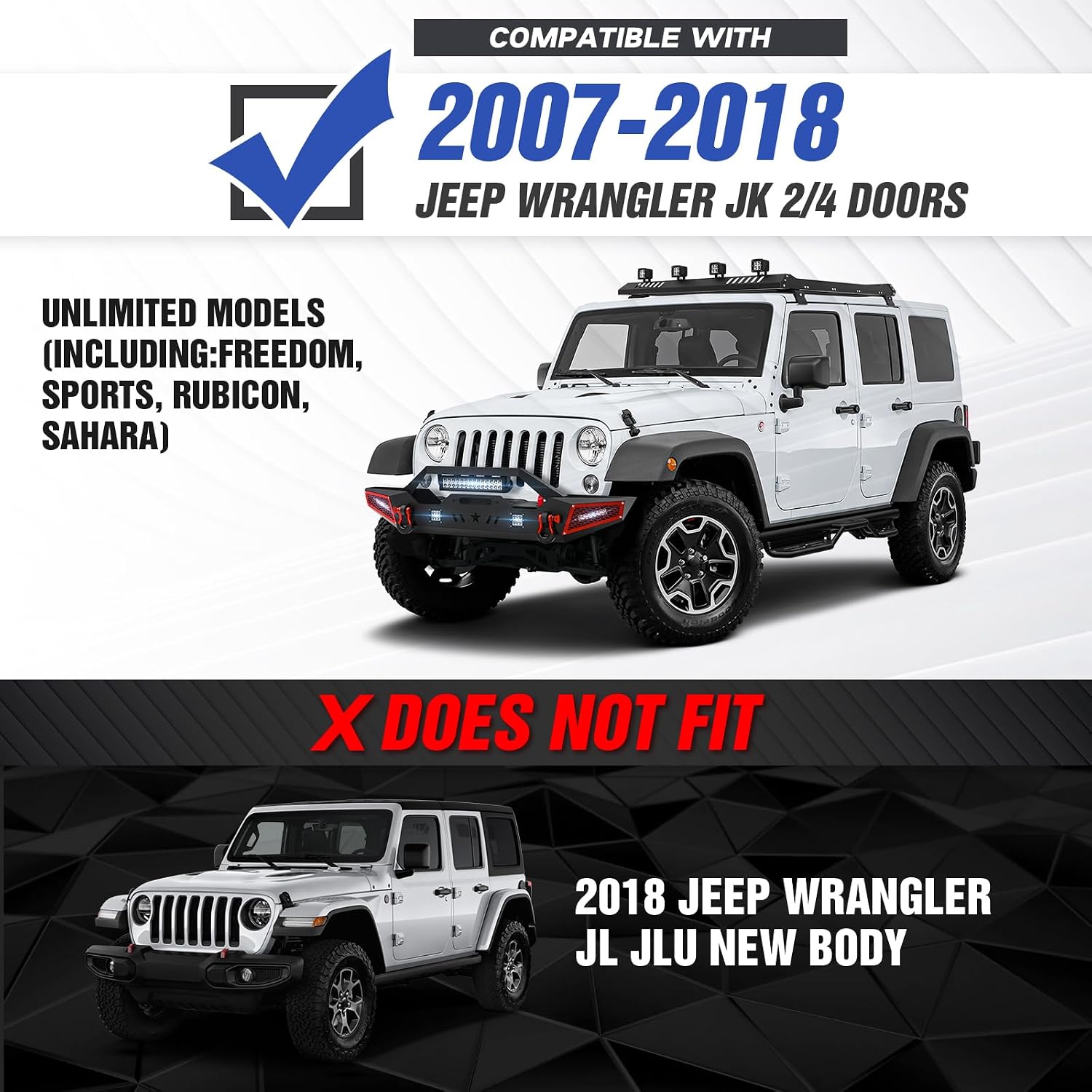 for Wrangler JK Front and Rear Bumpers with Spare Tire Carrier Compatible with 2007-2018 Jeep Wrangler JK JKU w/Winch Plate, Bull Bar, LED Lights, License Plate Frame, Hitch Receiver & D-rings