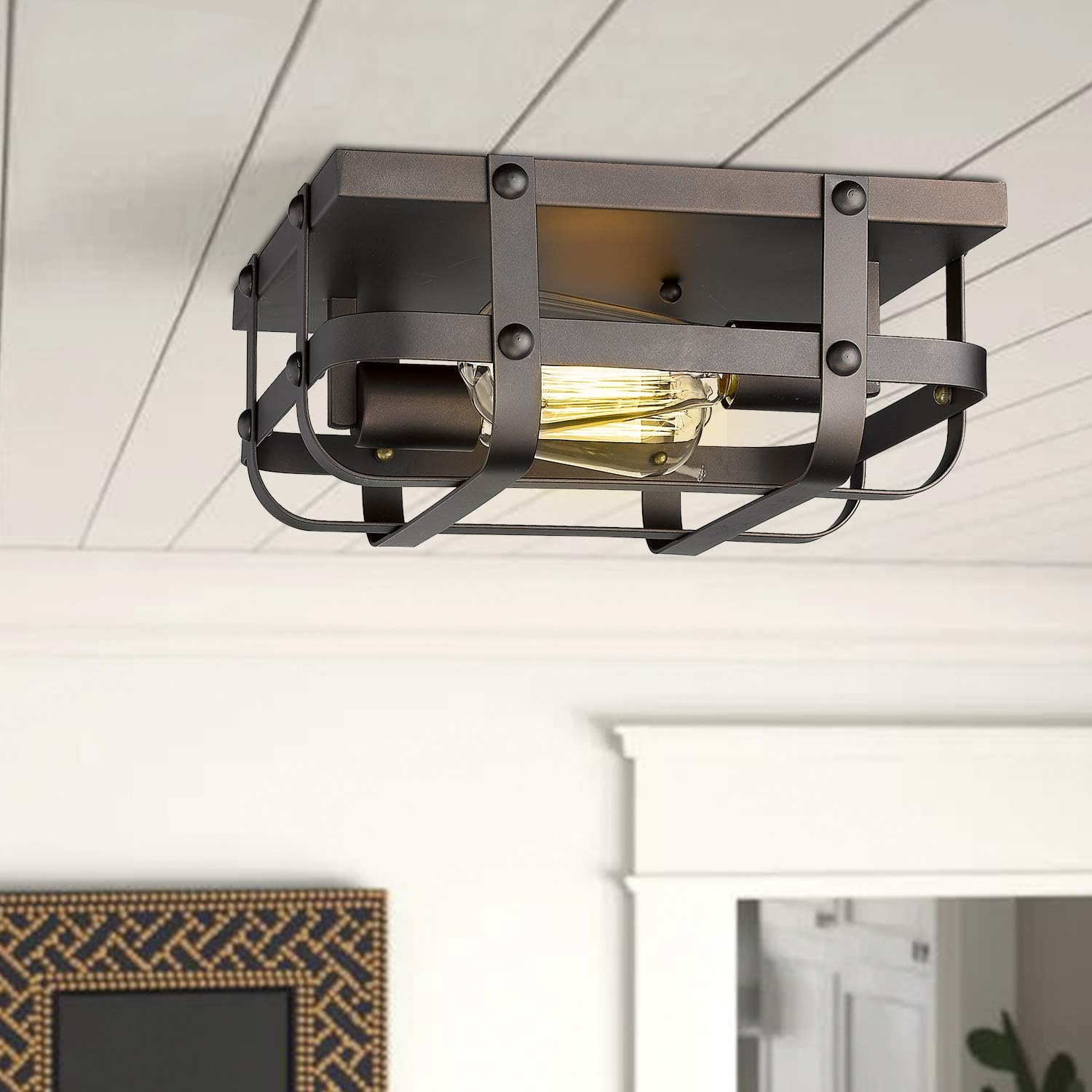 Emliviar Industrial Ceiling Light, Farmhouse 2-Light Flush Mount Ceiling Light, Oil Rubbed Bronze Finish, YE19102-FL ORB