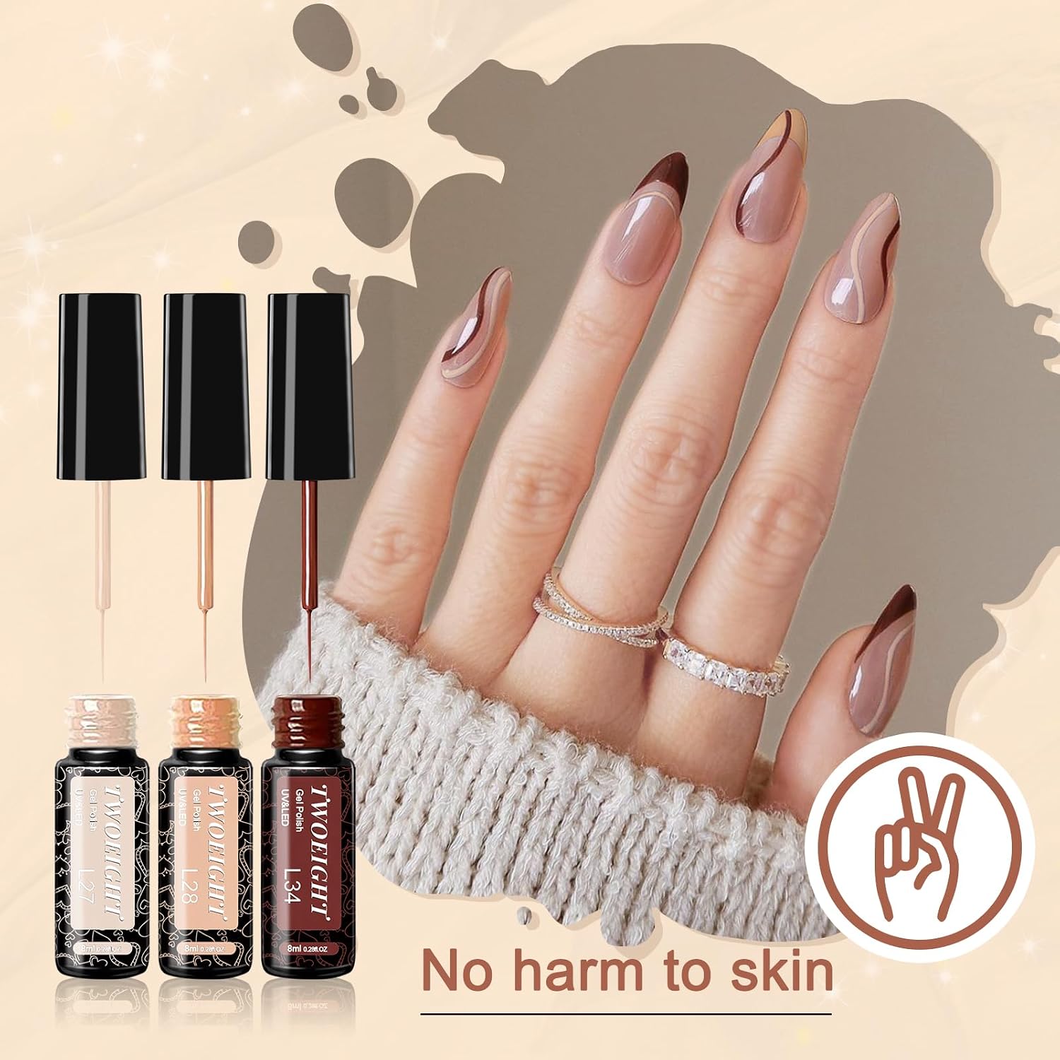 TWOEIGHT Gel Nail Polish Liner Nail Art 12 Colors 8ml UV Lamp Soak-off Polishes Pigmented Autumn Winter Brown Wine Red Collection Thin Brush in Bottle Manicure DIY at Home Salon