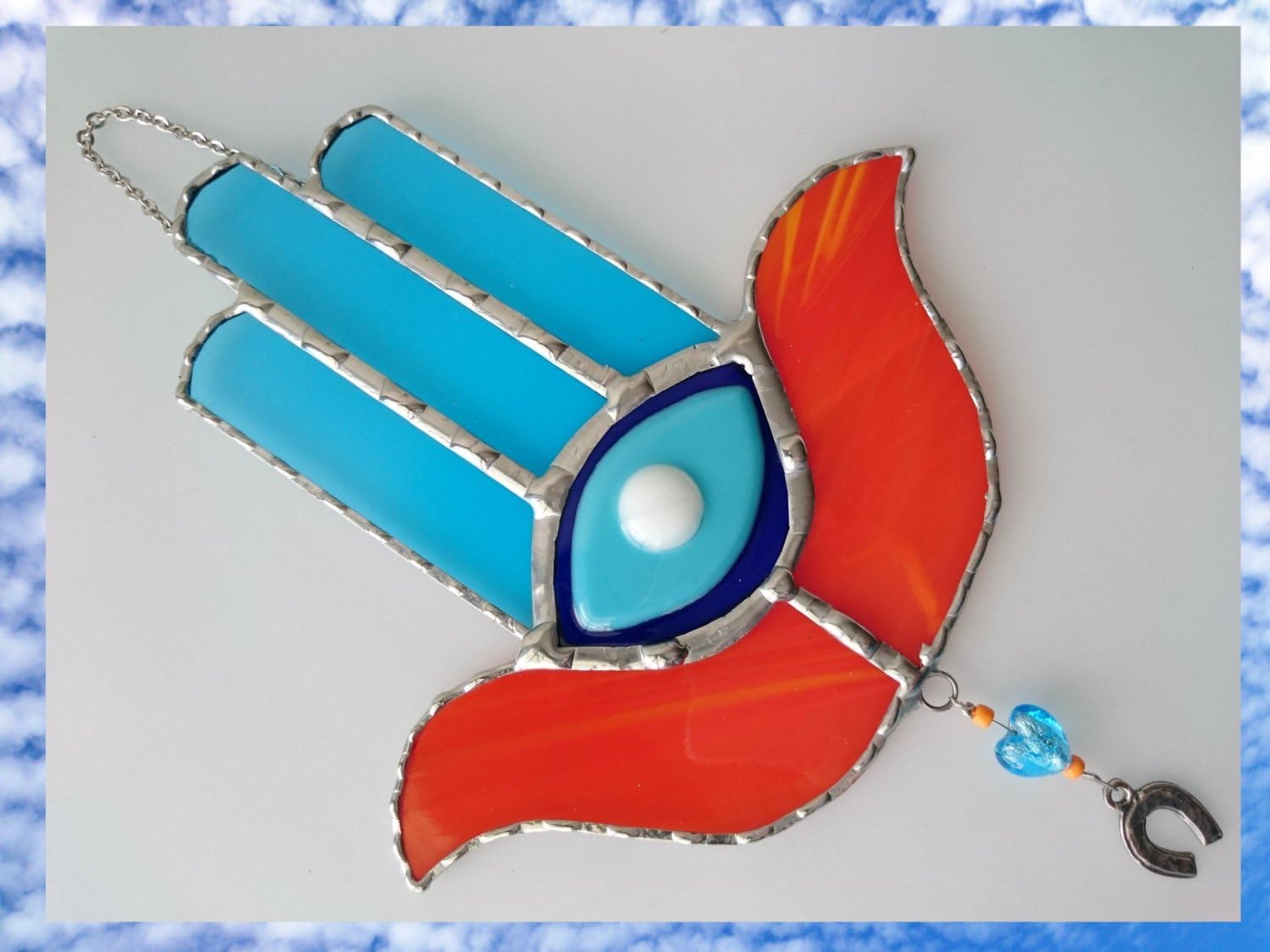 Gorgeous Blue & Orenge HAMSA Stained Glass With a Metal Horseshoe Judaica HANDCRAFTED Wall Hanging High quality finish