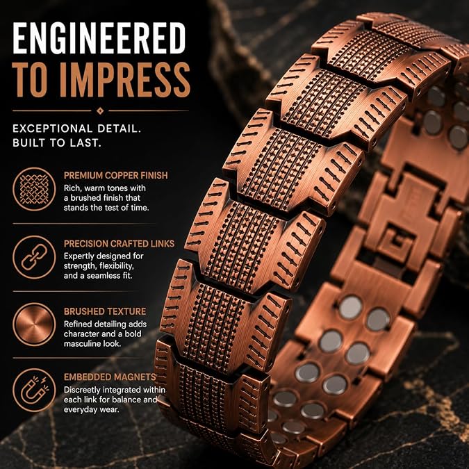 Men's Copper Bracelet,3X Strength 99.99% Pure Copper Magnetic Bracelets with Magnets,Adjustable Length