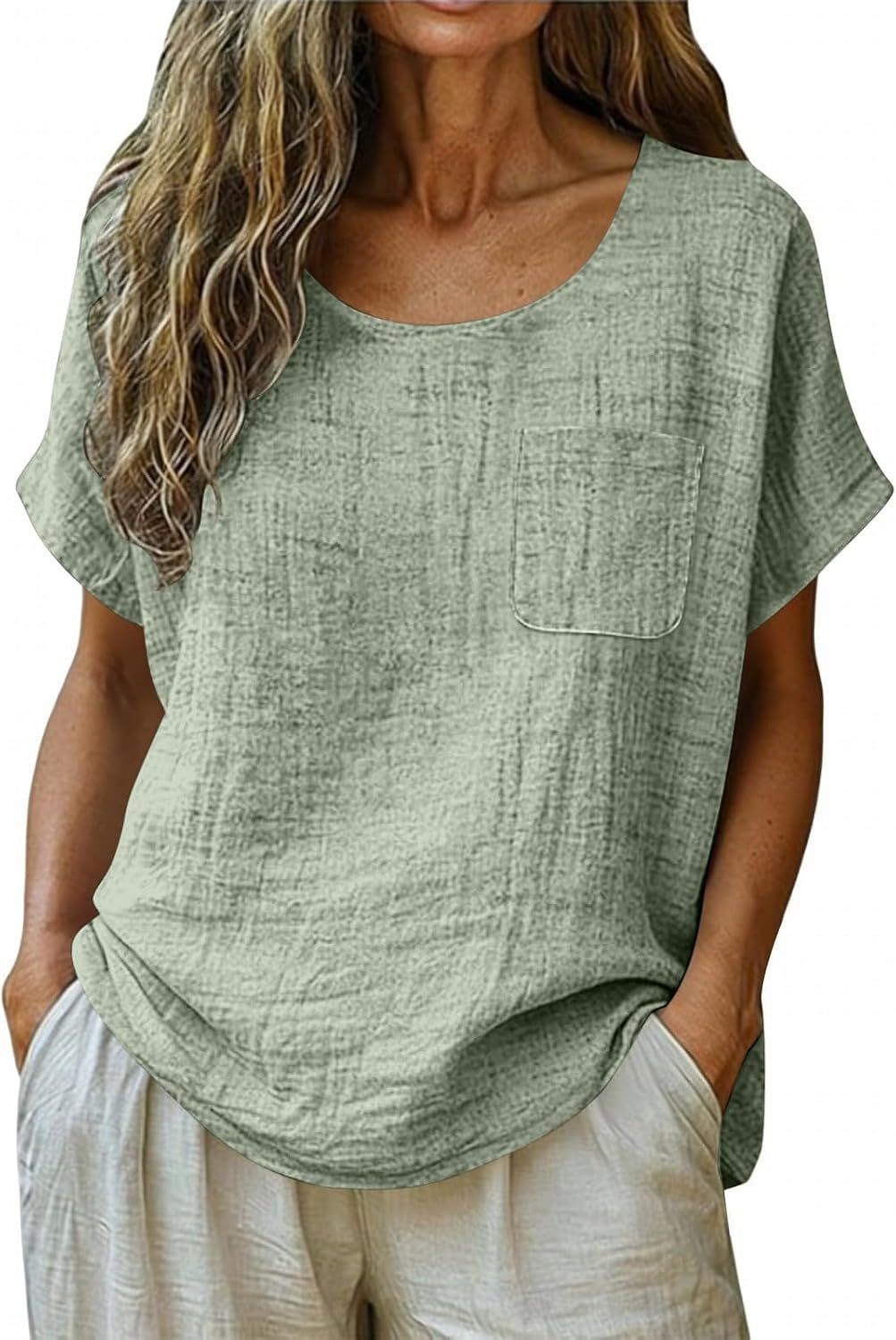 Women's Short Sleeve Cotton Linen Shirts Summer Crew Neck Tops Plus Size Gauze Loose Casual Blouse with Pocket