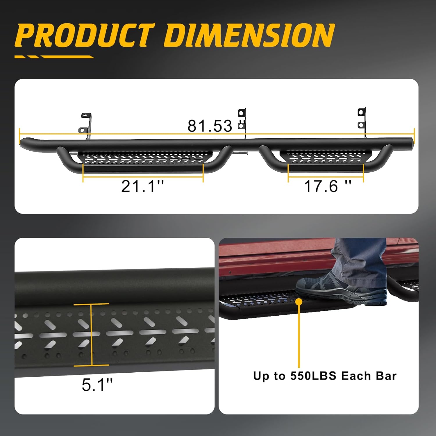 Running Boards Compatible with Bronco 4 Doors 2021 2022 2023 2024 2025 (Not Fit for Sport) Heavy-Duty Steel Side Steps fit for Ford Bronco,Non-Slip Step Rails Nerf Bar