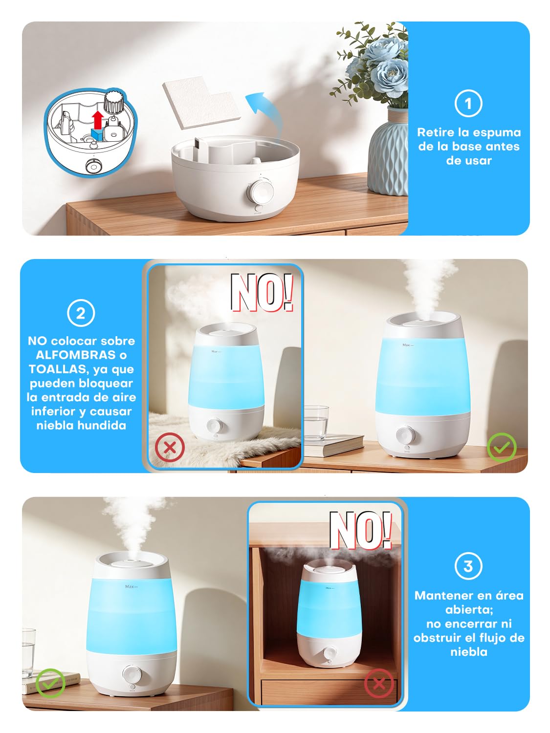 AROEVE Humidificador, 2,5L Humidificador Aceites Esenciales, 250 ml/h, 25H Difusor de Aceites Esenciales, Apagado Automático, 25 dB Silencioso para Bebés y Plantas, Blanco