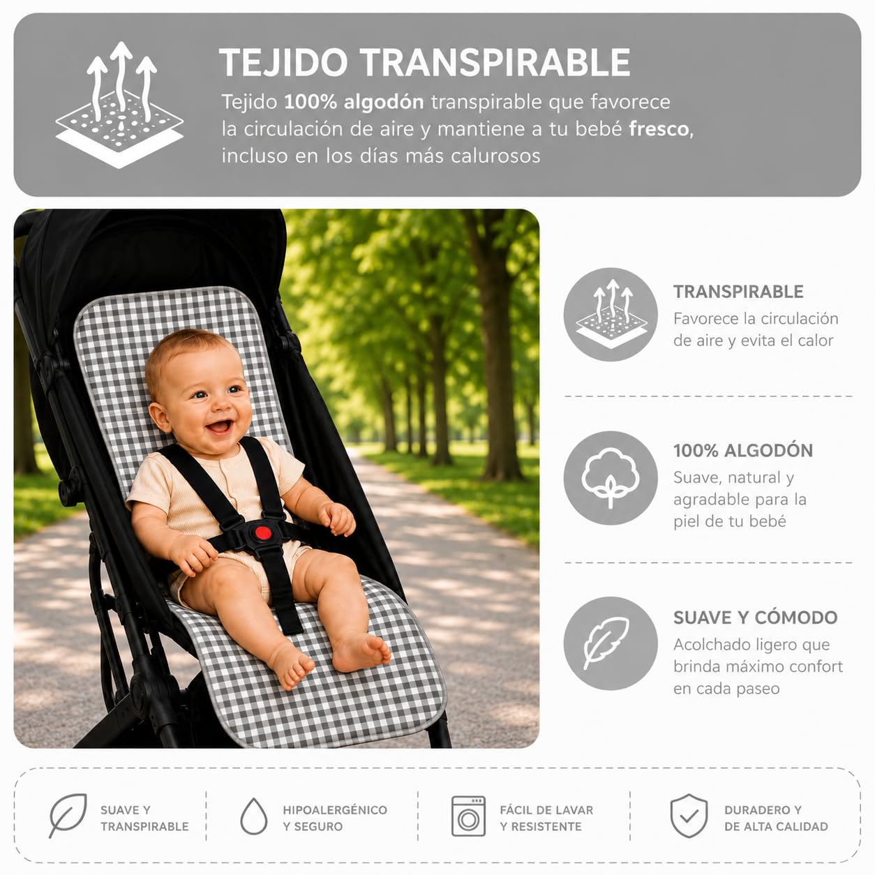 Colchoneta Silla Paseo Universal Verano Funda Carrito Bebe 100% Algodon Transpirable Reversible Apta Silla Inglesina Suave Carro Bebe Altura Ajustable Hombros y Cintura Antideslizable (Vichy Gris)