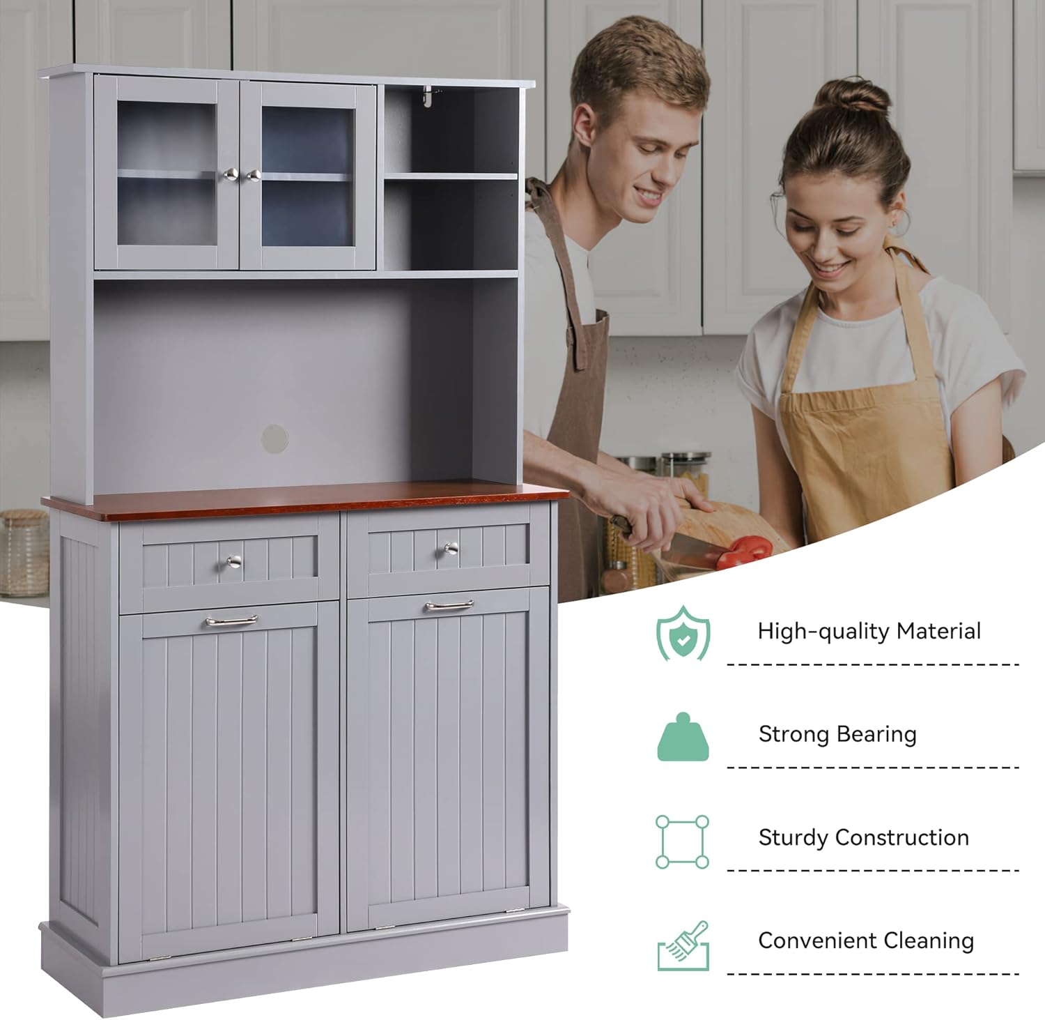 68.4" Kitchen Pantry Storage Cabinet, Freestanding Cupboard with Shelf, 2 Drawers and 1 Tilt Out Trash Cabinet, Tall Cabinets for Kitchen, Dinning Room, Living Room (Double-Tilt Out, Cream Grey)