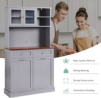 KIGOTY 68" Kitchen Pantry Storage Cabinet - Freestanding Cupboard With Tilt-Out Trash Cabinet, 2 Drawers, Grey Finish - View #2