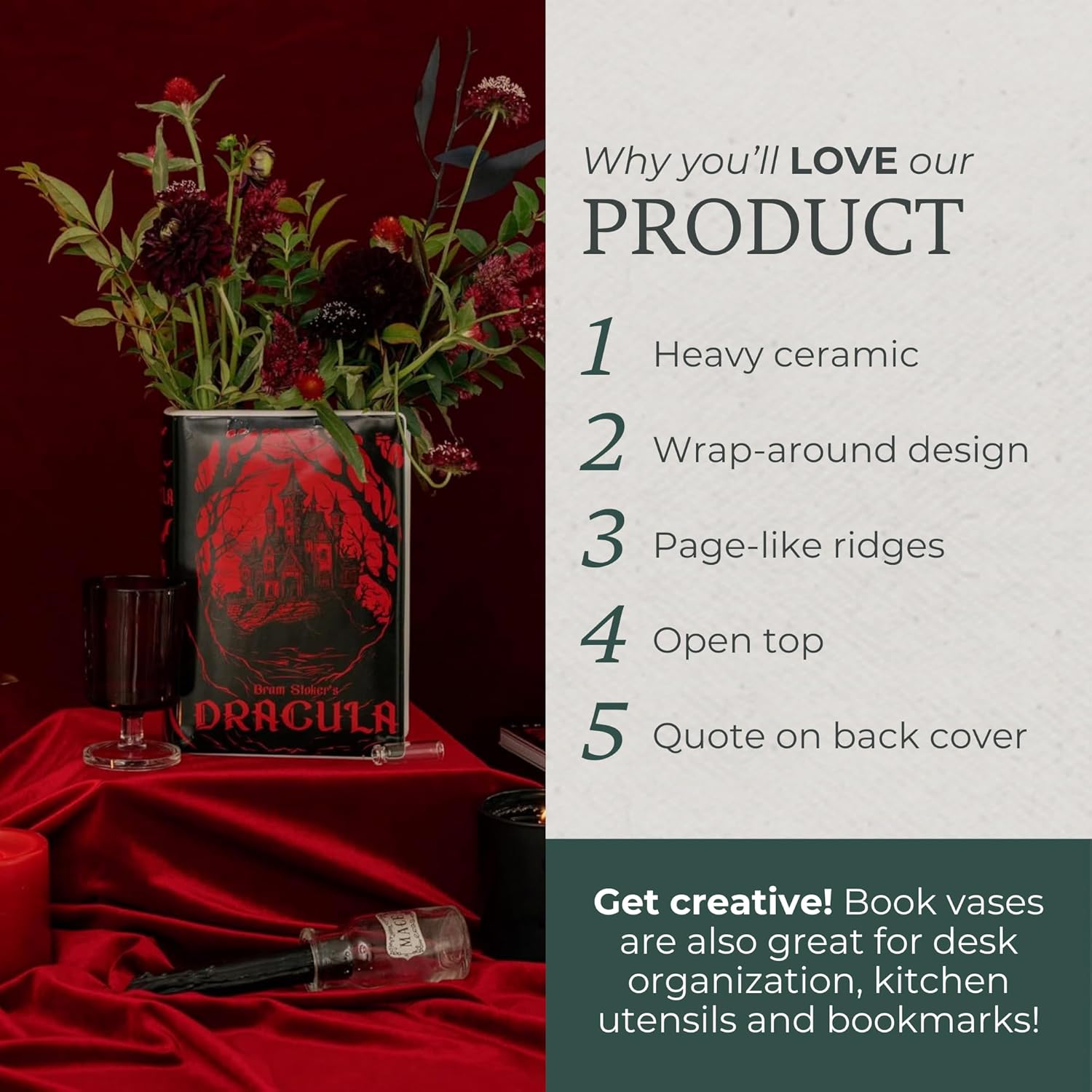 Steel Mill & Co Original Large Book-Shaped Decorative Vase, Ceramic Vases for Home Decor, Cute Gothic Bookshelf Decor, Unique Vase for Book Lovers, Dracula