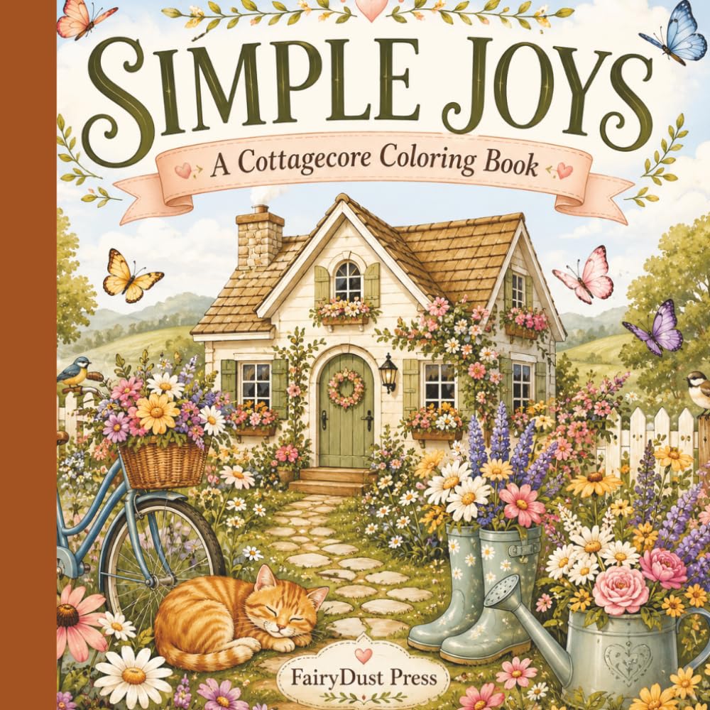 Simple Joys A CottageCore Coloring Book: 40 Bold and Easy Cottagecore Scenes for Relaxation and Creativity