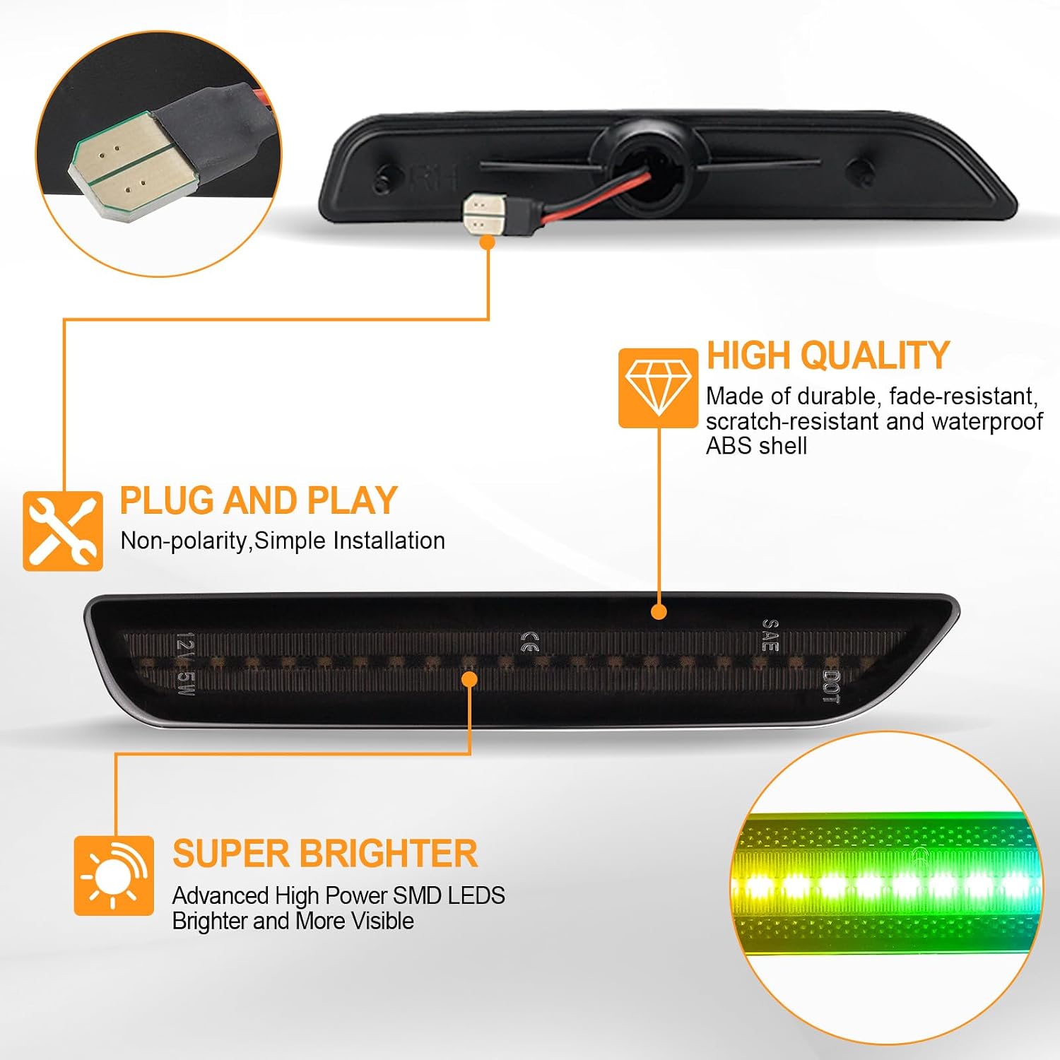 RGB LED Side Marker Lights 16-color Compatible with Ford Mustang 2010 2011 2012 2013 2014 Front Rear Fender Bumper Lamps Pack of 4 Smoked Lens Light