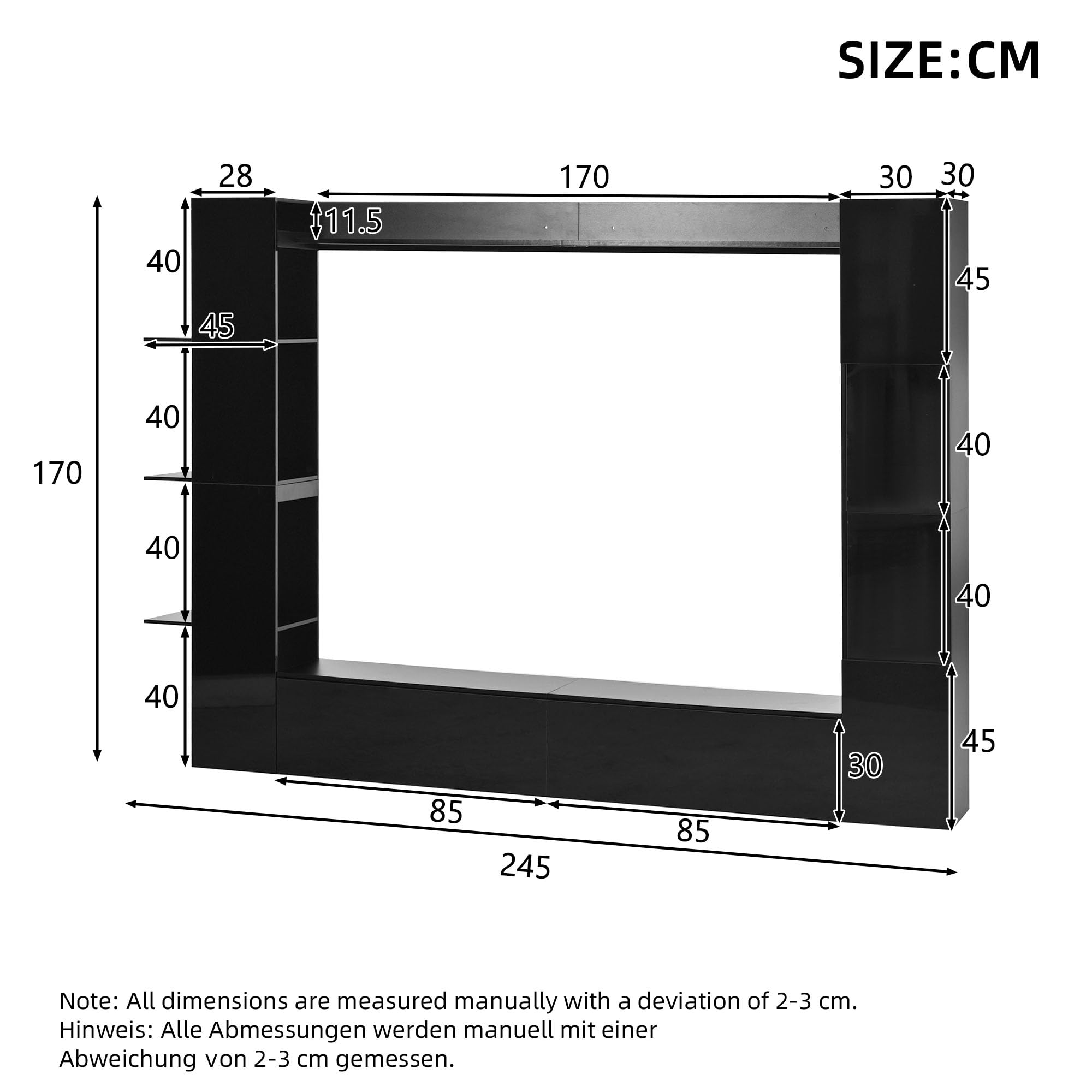 TV Wohnwand Wohnzimmer Set für Fernseher bis zu 70 Zoll, Wohnwand Schwarz Wohnzimmermöbel Set mit TV Schrank und Vitrine, Schrankwand Wohnzimmer Wohnzimmerschrank mit Stauraum, 228x30x170 cm