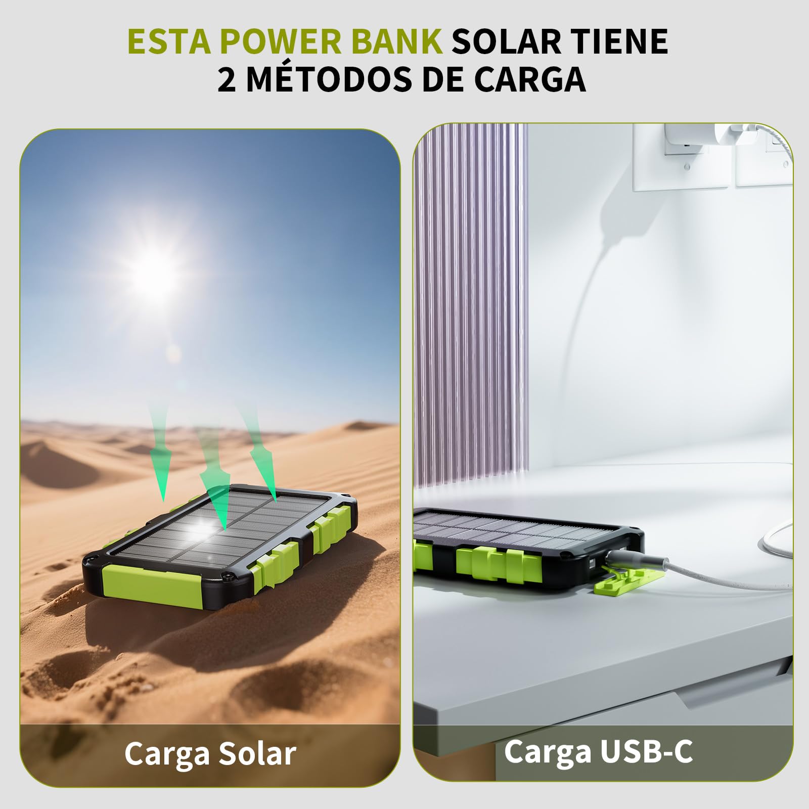 Cargador Solar 10000mAh Power Bank Solar, Bateria Externa con Carga Rápida 22,5 W Impermeable IPX4 2 Puertos USB + Linterna LED Compatible con Smartphones Tablets Camping y Emergencias Verde